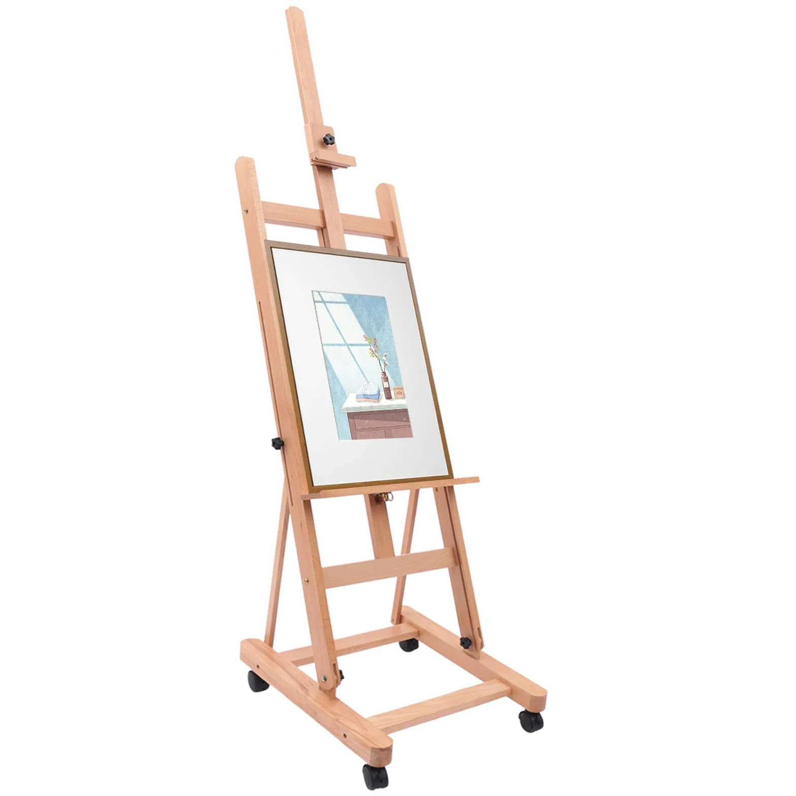Caballete de estudio con marco en H, Caballete de arte profesional con ruedas (fijador), altura ajustable de madera de haya, caballete de bocetos para pintura al óleo, bocetos publicitarios, etc
