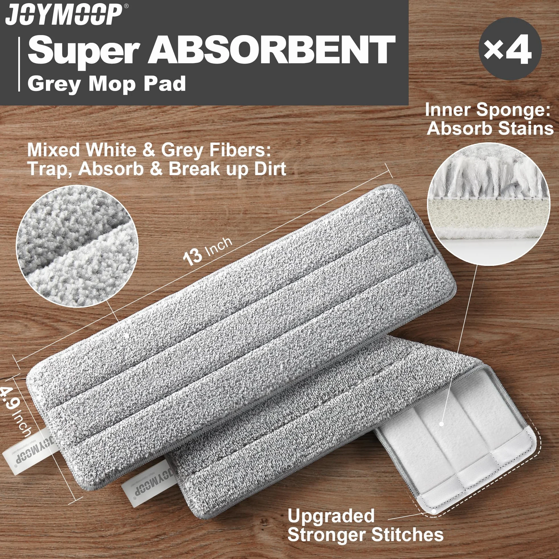 JOYMOOP Alfombras de Microfibra para fregona, reemplazables, Lavables, para fregona Plana o Set de Cubo, Pack de 4 Refills de 13 Pulgadas - Gris y Rayas
