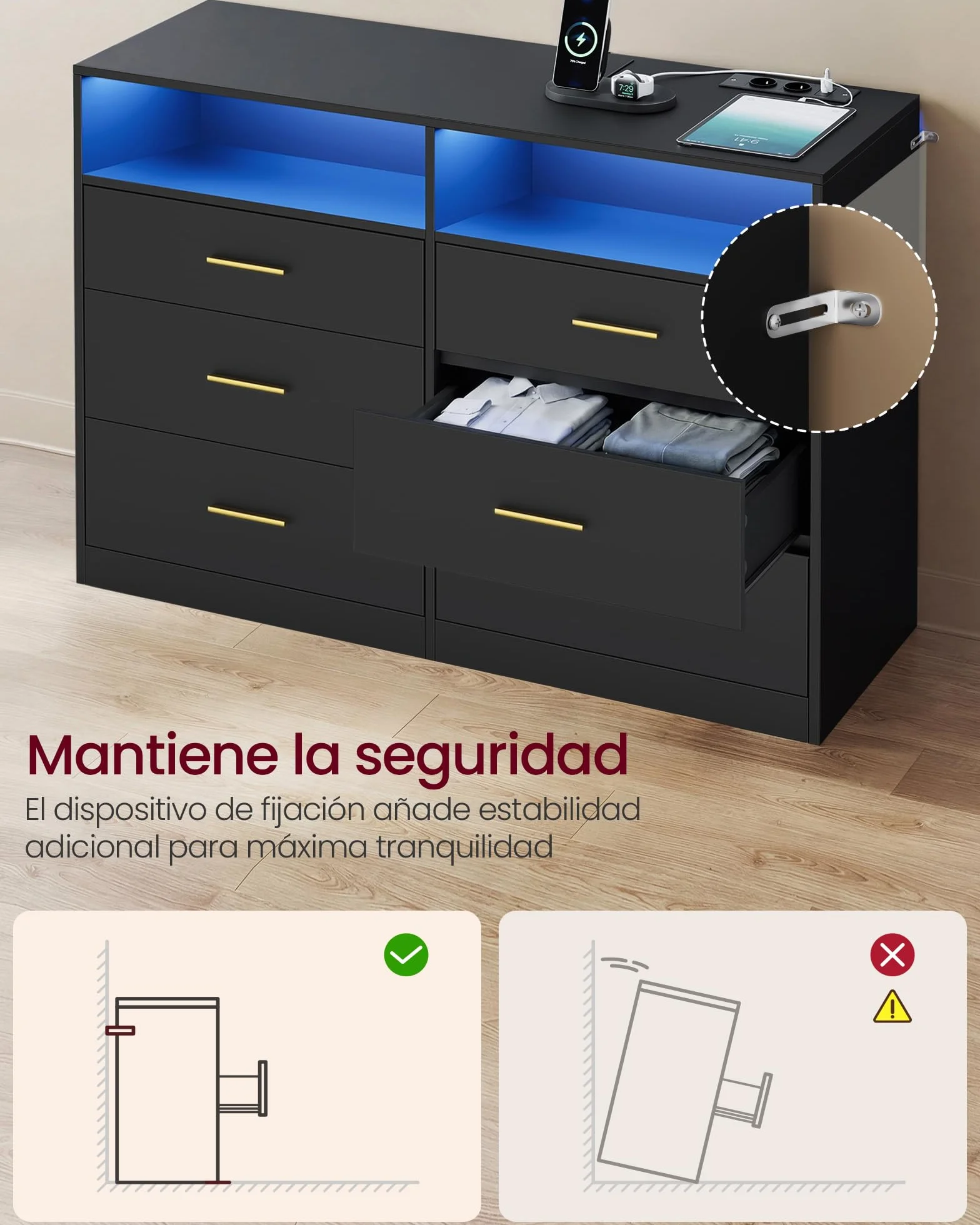 VASAGLE Custos Colección - Cómoda para Dormitorio, con LED y Regleta de Enchufes, Mueble Moderno para TV de Salón, 6 Cajones, 40 x 119 x 81,2 cm, Negro Tinta LTS316BC01