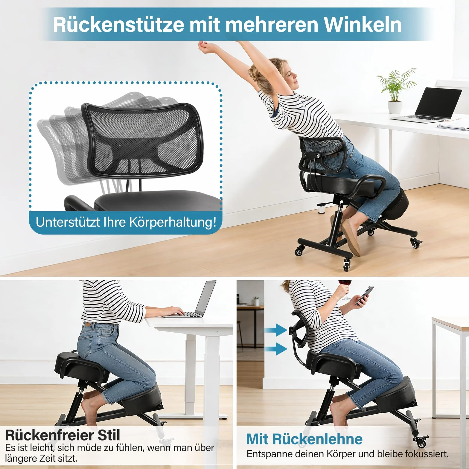 Silla de rodilla, silla ergonómica para la rodilla, sillas de oficina arrodilladas con altura ajustable y soporte lumbar para bancos y salas de conferencias, oficinas, áreas de recepción en el hogar