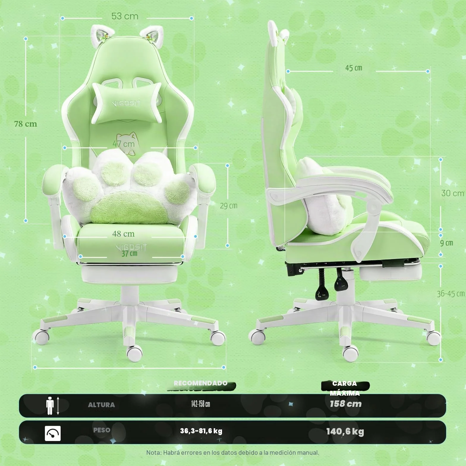 Vigosit Silla de juegos linda con cojín lumbar de pata de gato y orejas de gato, silla de juegos ergonómica con reposapiés, sillón de PC ajustable para niñas, adolescentes, niños, verde