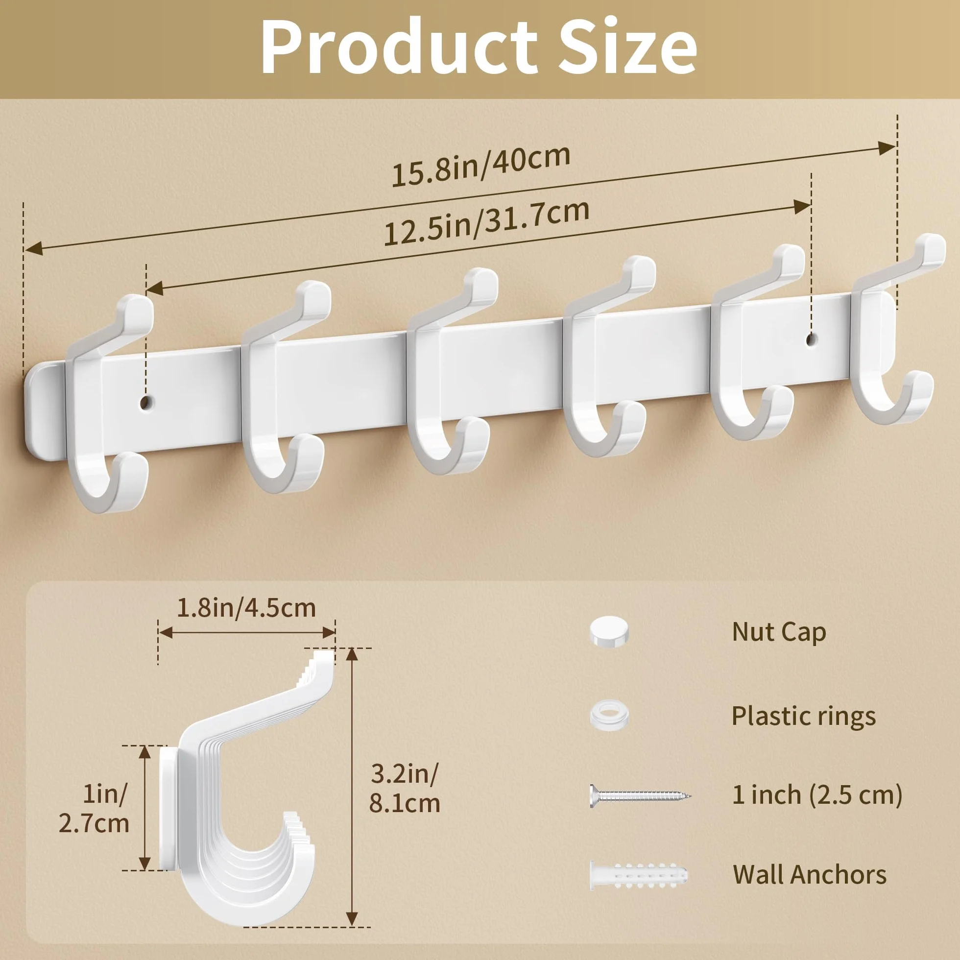 Juego de 2 percheros de pared con 6 ganchos, percheros de metal, perchero de pared para chaquetas, bolsos, sombreros, bufandas, barra para colgar ropa en el dormitorio, armario, baño o cocina (blanco)