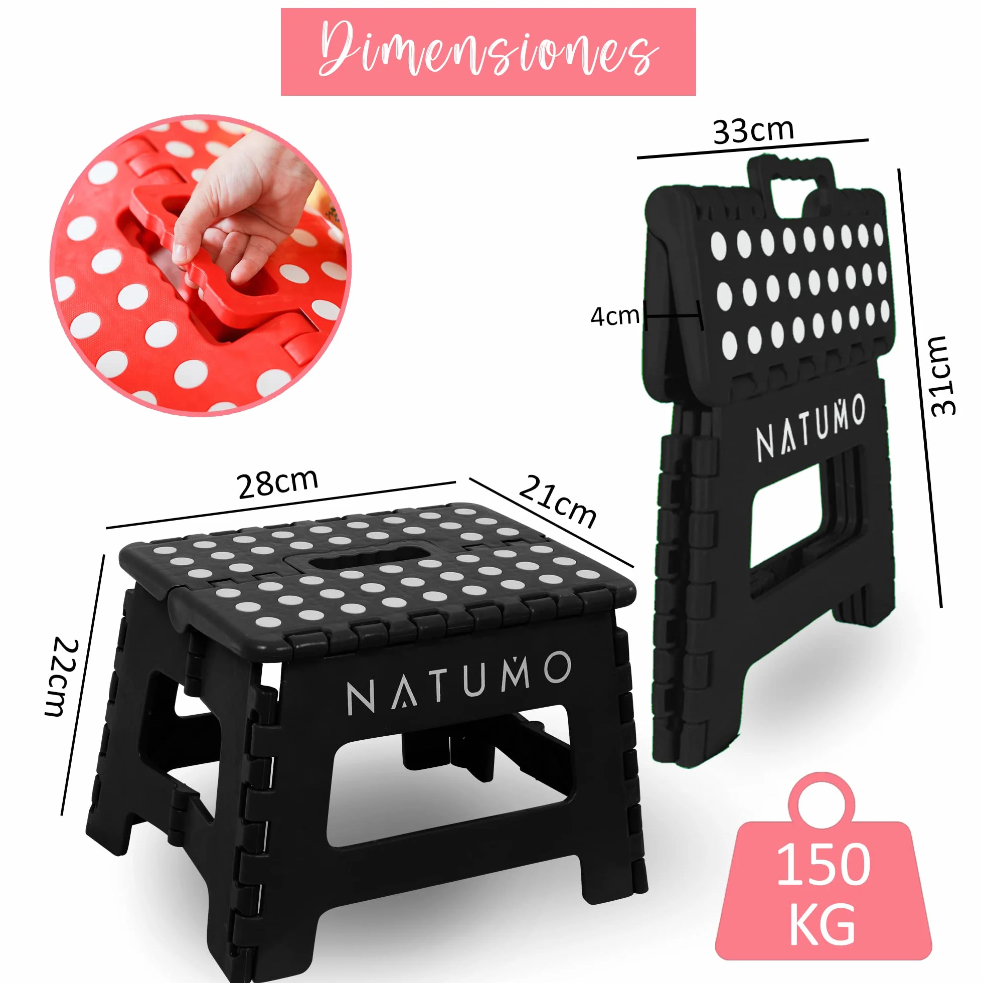 Natumo® - Taburete plegable para 150 kg, taburete de cocina, baño, silla plegable de jardín, pequeño reposapiés para niños, ayuda para ascenso, lavabo, para niños y adultos