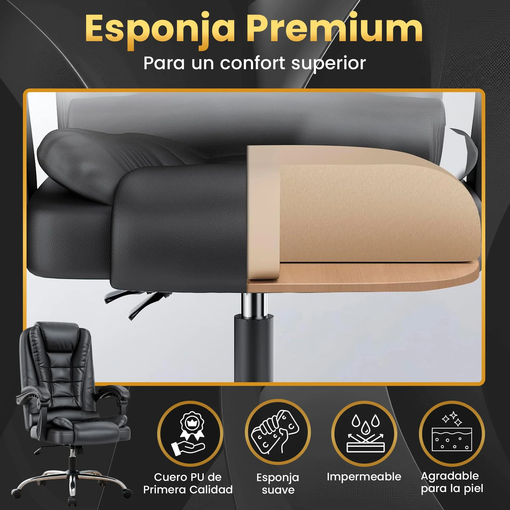 EveryKip Silla de Oficina Profesional con Respaldo Alto 360° Sillón Escritorio Reclinable Cojín Lumbar Altura Ajustable Negro