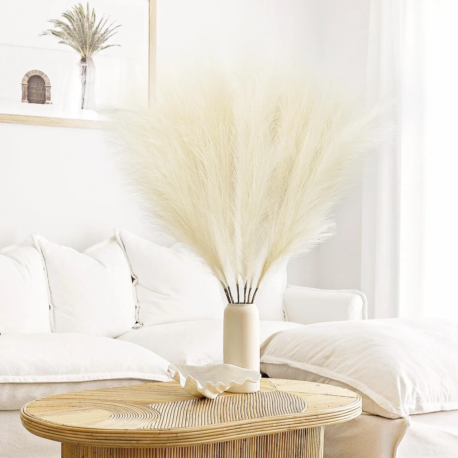 6 Pcs Pampas Secas Decoracion Grandes 113 Cm Blanquecino Hierba De Pampa Simulada Hierba Artificial De Pampa para Sala De Estar, Hogar, Piso, Jarrón, Decoración Boho（Beige）