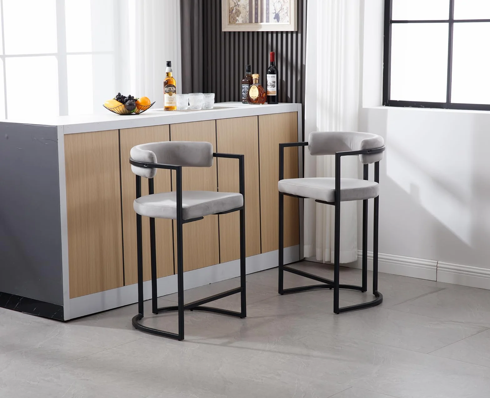 Ya-Home 2X Taburetes Altos de Cocina Modernos Sillas Bar de Terciopelo con Respaldo,Taburetes Altos de Mostrador con Patas Metálicas para Isla de Cocina/Restaurante,Gris