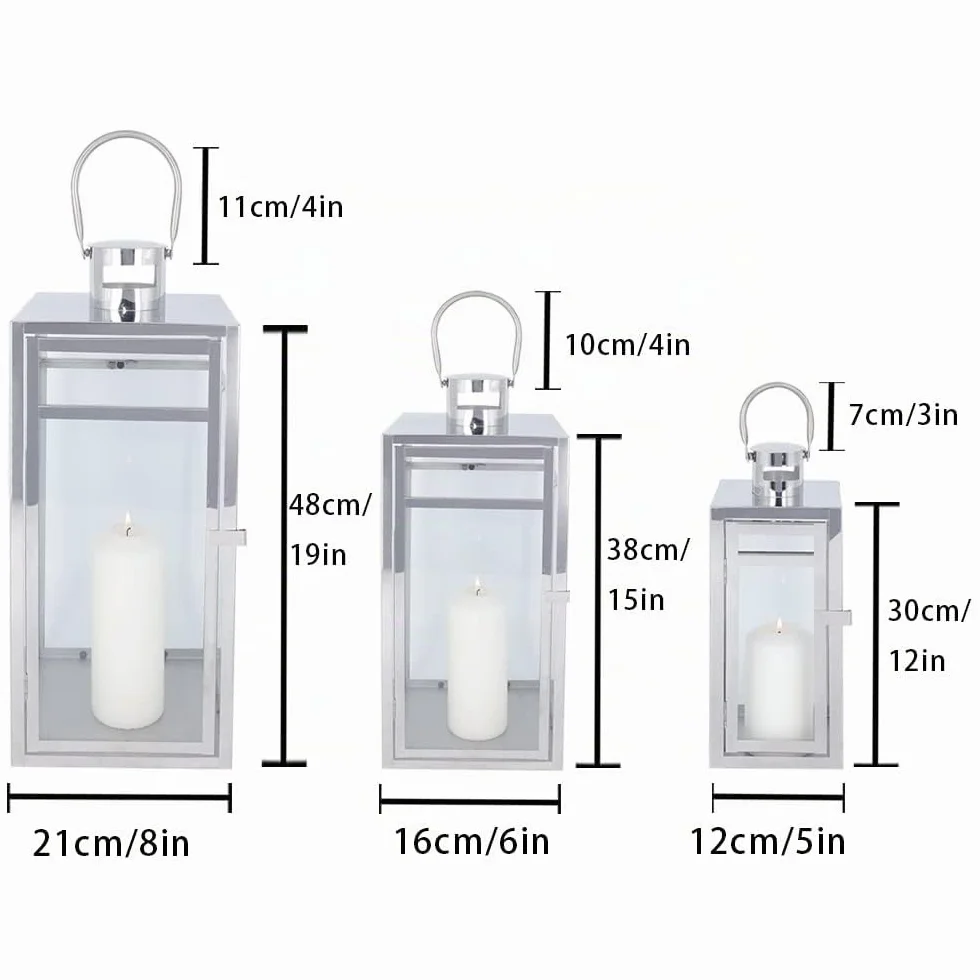 TRIROCKS Set de 3 Faroles Decorativos de Acero Inoxidable 48/38/30 cm Altos, Soportes Colgantes de Metal con Vidrio Transparente para Sala, Mesa y Exterior (Plata)