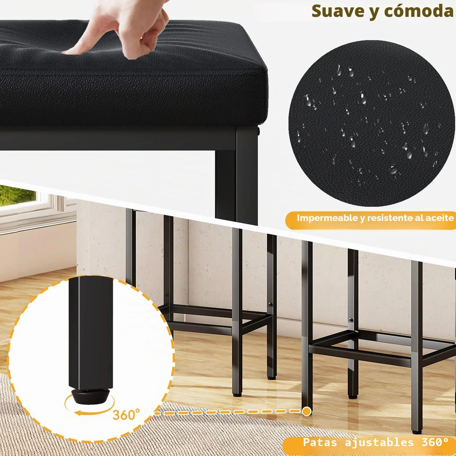 YMYNY 66 cm Taburetes Altos de Cocina, Negro Cuero de PU Taburete Alto, Taburetes de Cocina con Cojín de 6 cm De Grosor y Base de Metal, HBS513B-2