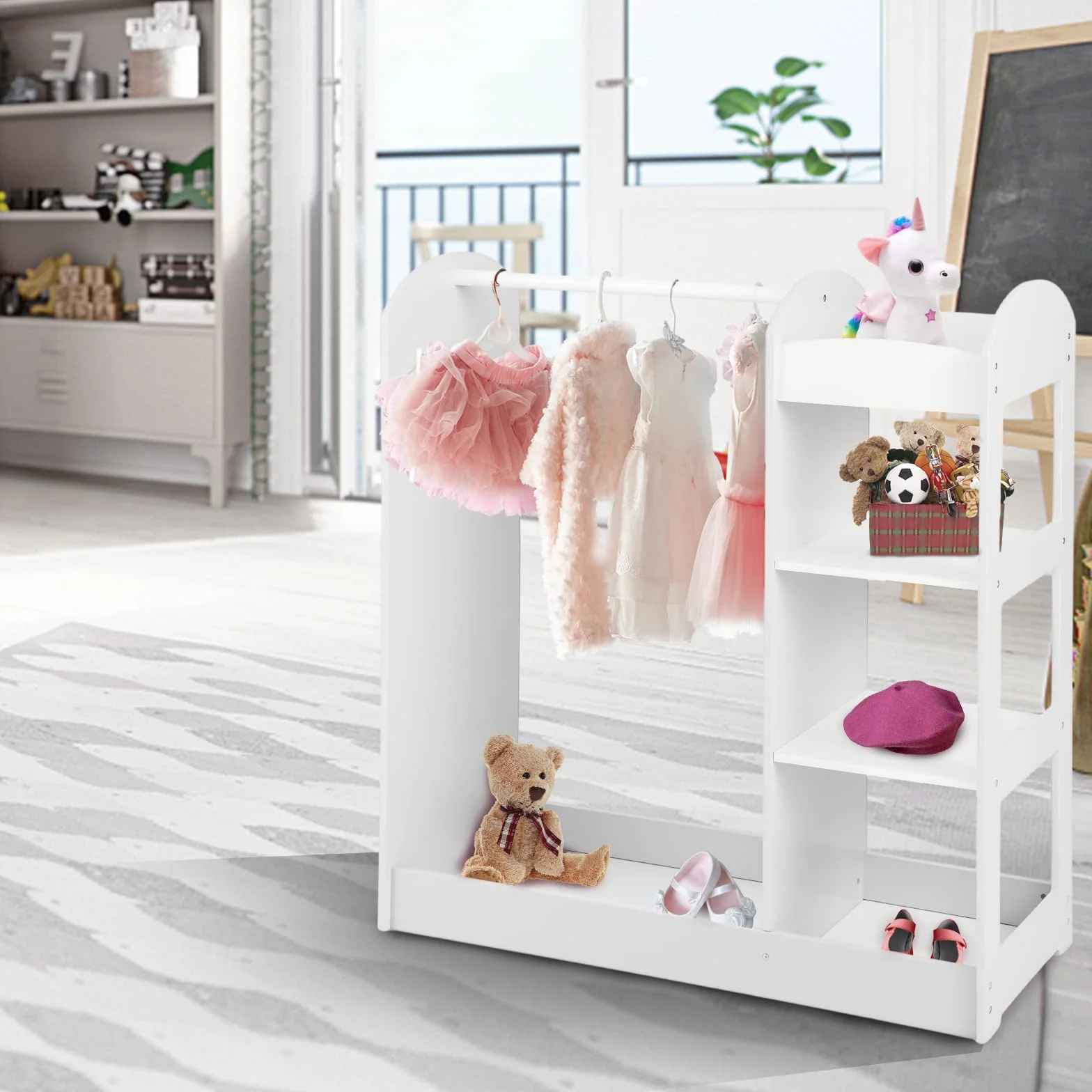 GOPLUS Armario Infantil con Espejo 4 Estantes Abiertos 93,5x38x100 cm Blanco
