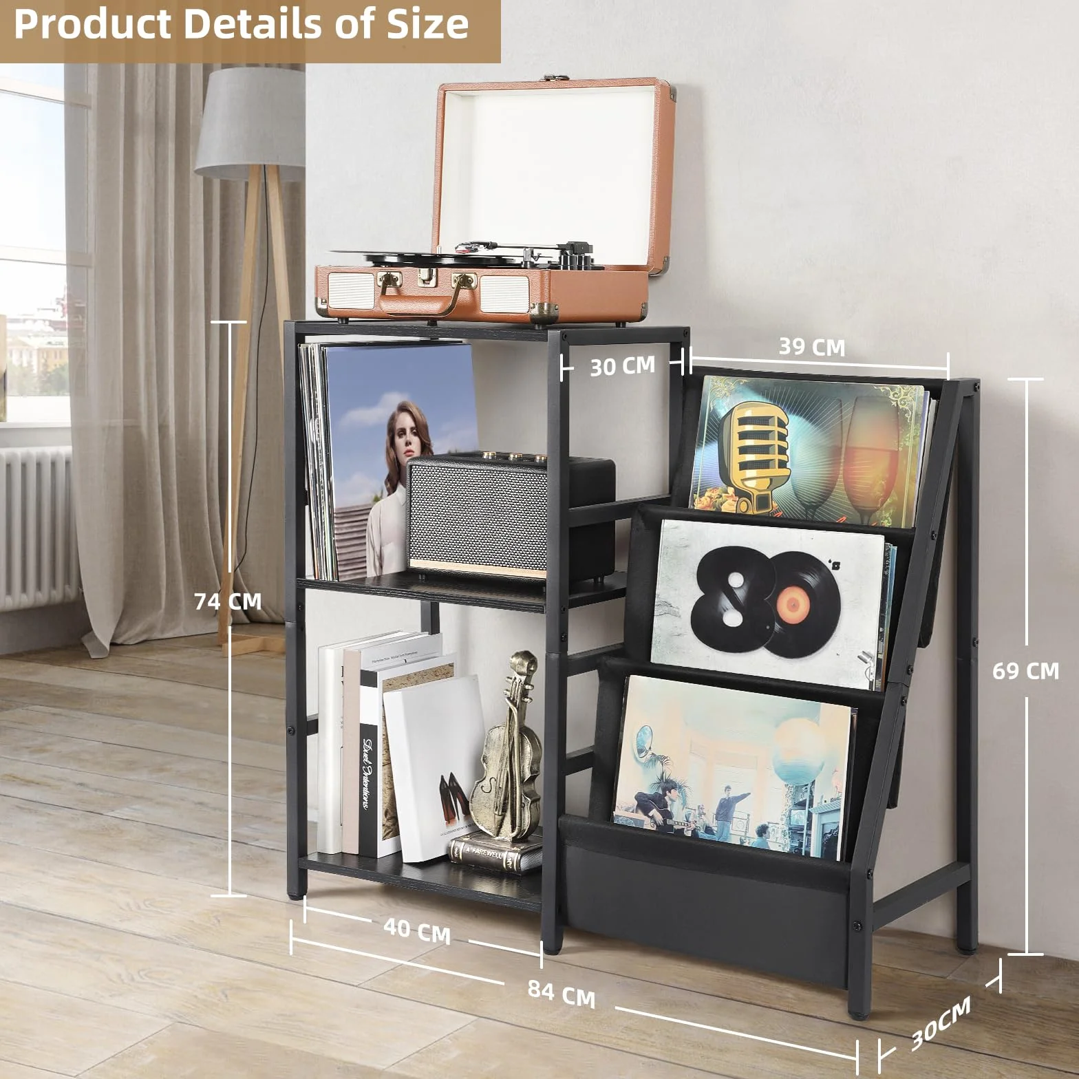 Bikoney Soporte para Tocadiscos de Vinilo, Mesa Auxiliar 3 Niveles con Almacenamiento para 200 Álbumes, Estante de Discos Vinilo para Sala de Estar, Negro