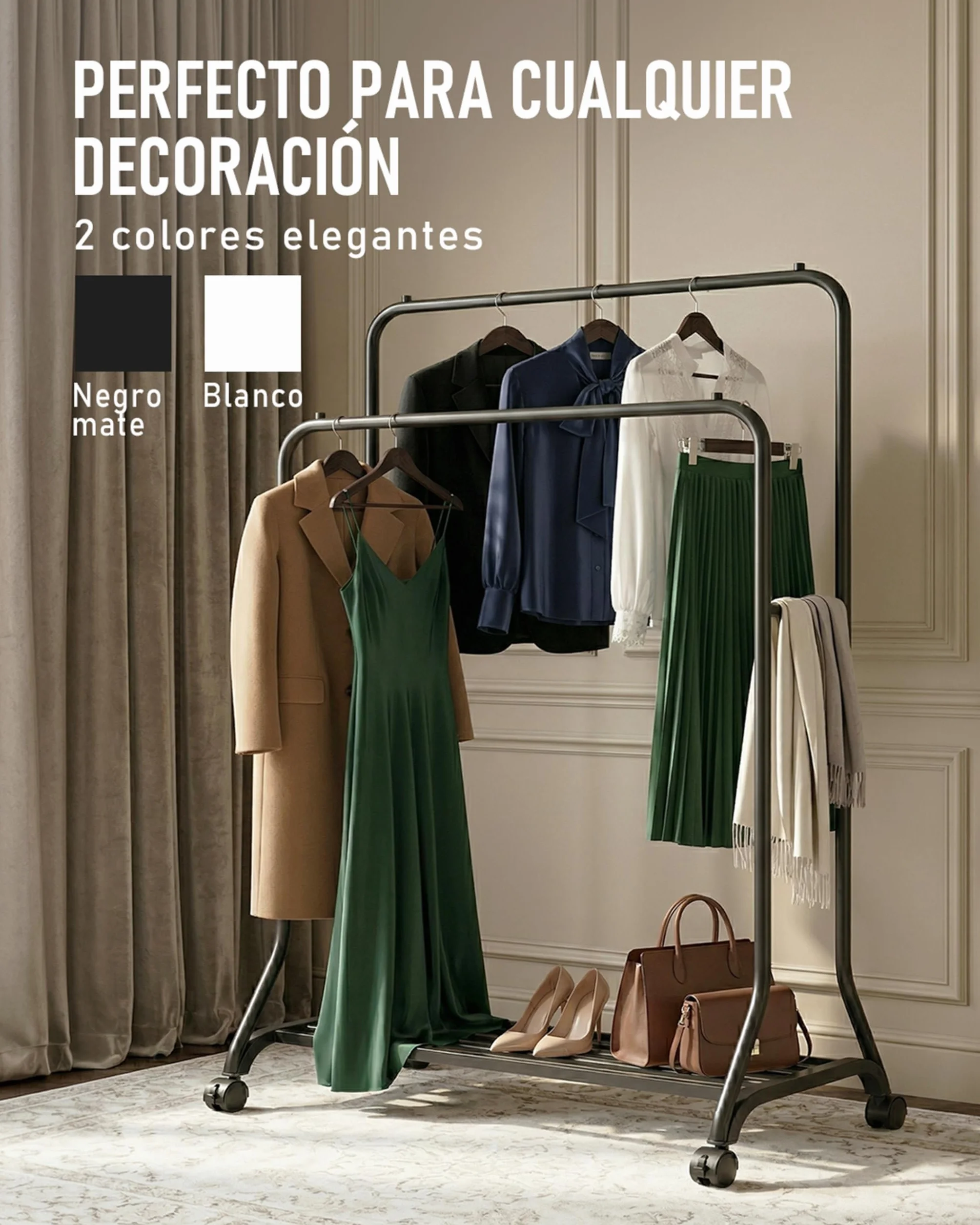 Perchero Metálico para Ropa con Ruedas 2 Niveles y Base Inferior Negro