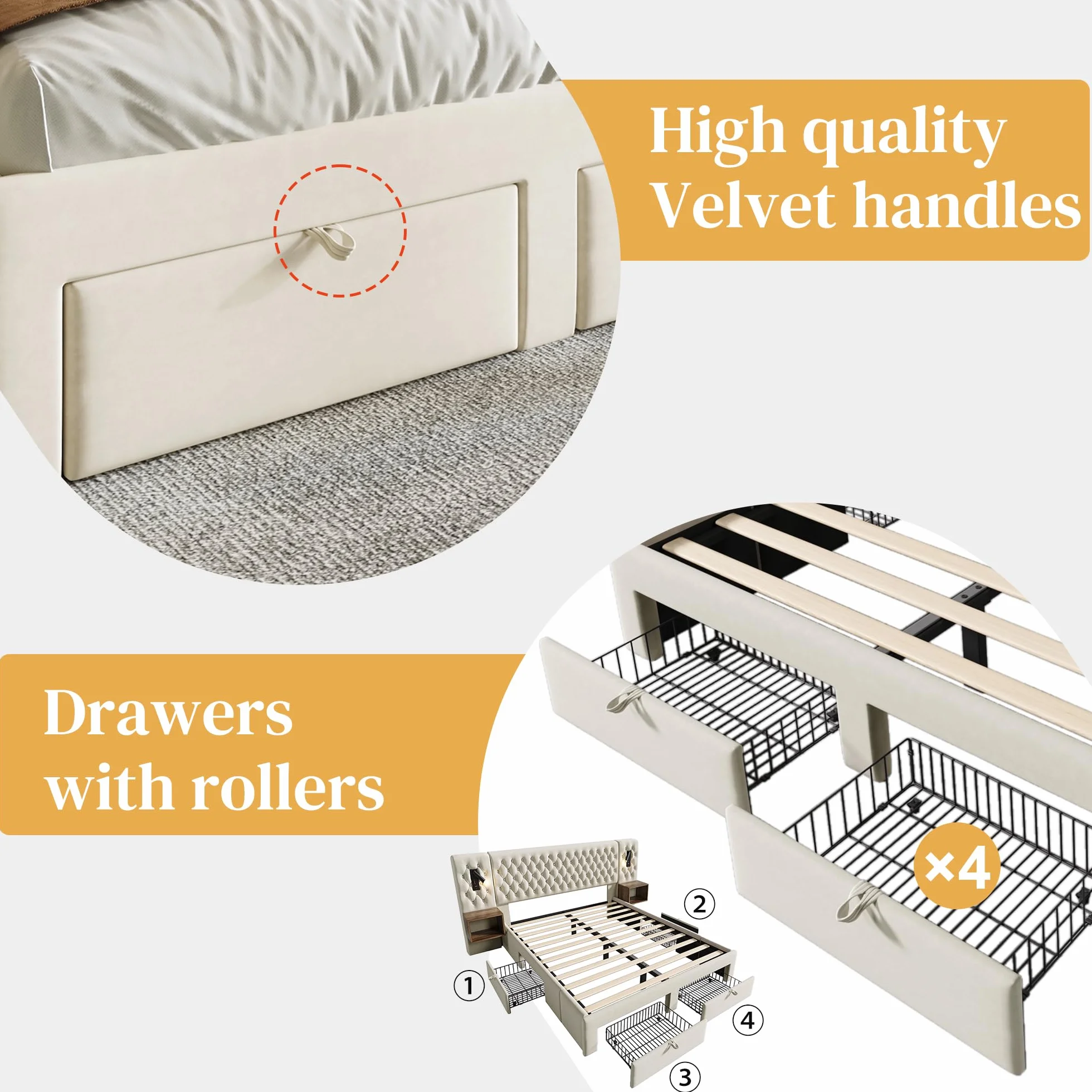 Cama doble tapizada 160x200 cm, 2 mesitas de noche, 4 cajones, cabecero de lectura USB, 243x211x106 cm, color gris