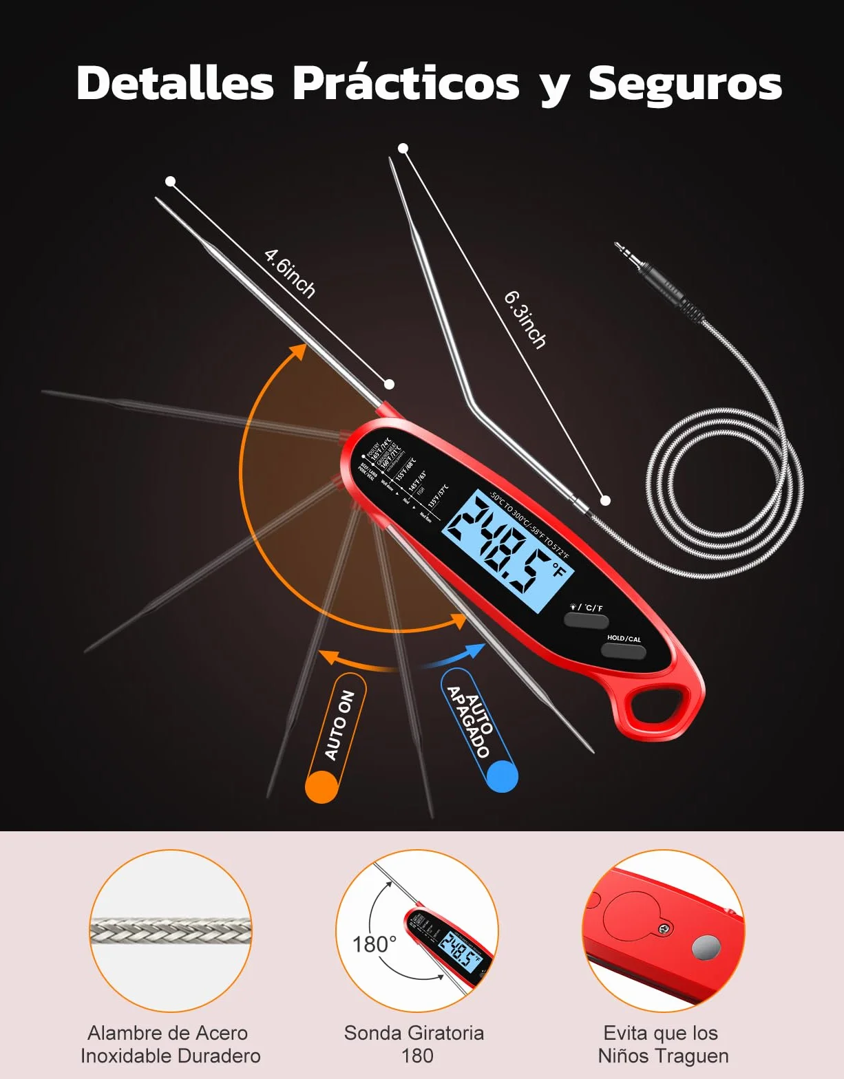 Babacom Termometro Cocina Digital Lectura Instantáneo, Meat Thermometer con 2 Sondas,Calibración y Pantalla Retroiluminada. Termómetro Carne Ideal Para Vino y Cerveza,Horno,Parrilla y Freidora de Aire