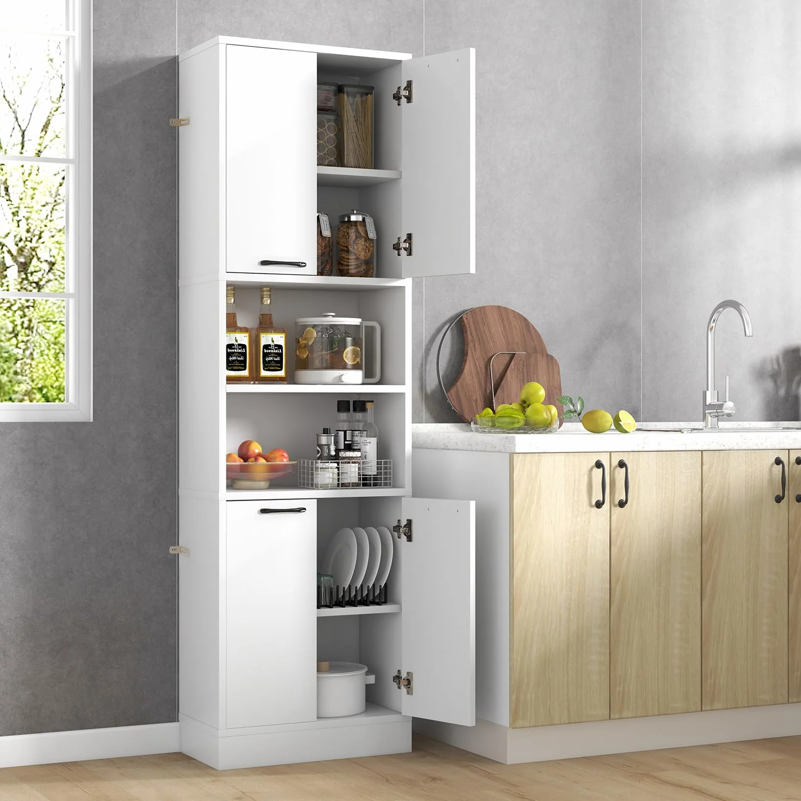 GIANTEX Armario Alto de Baño 56x30x190 cm Mueble Almacenamiento 4 Puertas 2 Compartimentos Abiertos Organizador 6 Estantes Blanco