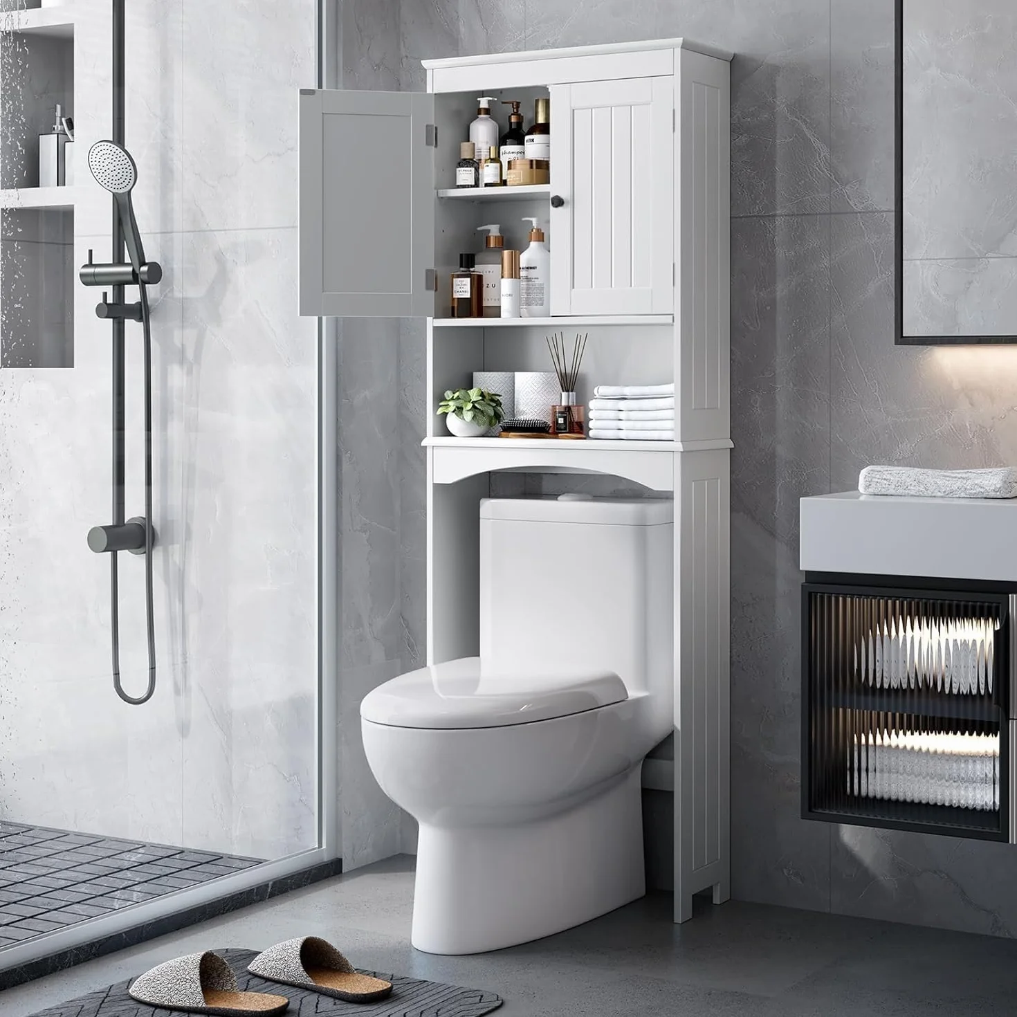 Bealife Mueble sobre Inodoro Armario Alto con 2 Puertas y Estantes Abierto 168x60x24cm