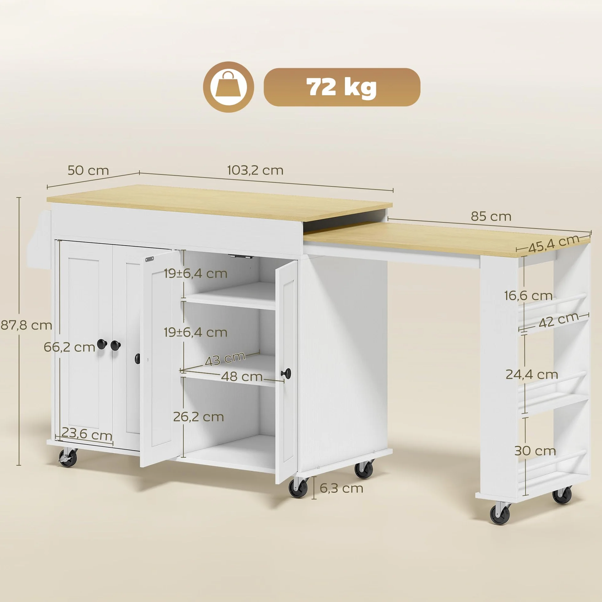 HOMCOM Isla de Cocina con Ruedas, Encimera Extensible, Carro de Cocina con 4 Puertas, Estantes Ajustables, Estantería Lateral Abierta, Especiero y Soporte para Toallas, para Comedor, Blanco