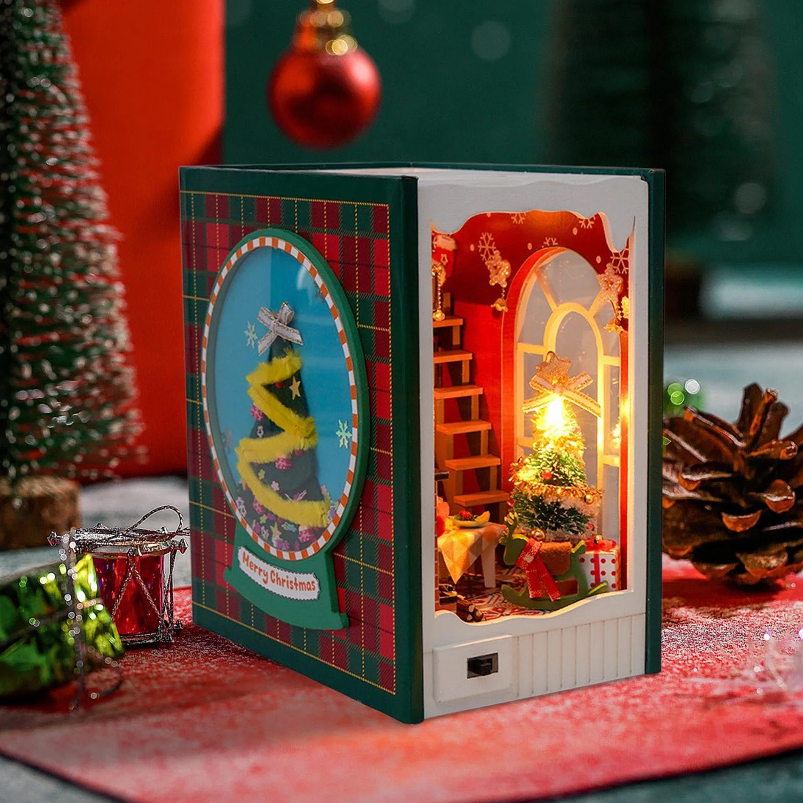 Kit de esquina de libro - Decoración de casa de Navidad, kit de decoración de estantes | Kit de construcción de casa en miniatura de madera, kit de sujetalibros miniatura decorativos, kit de casa en
