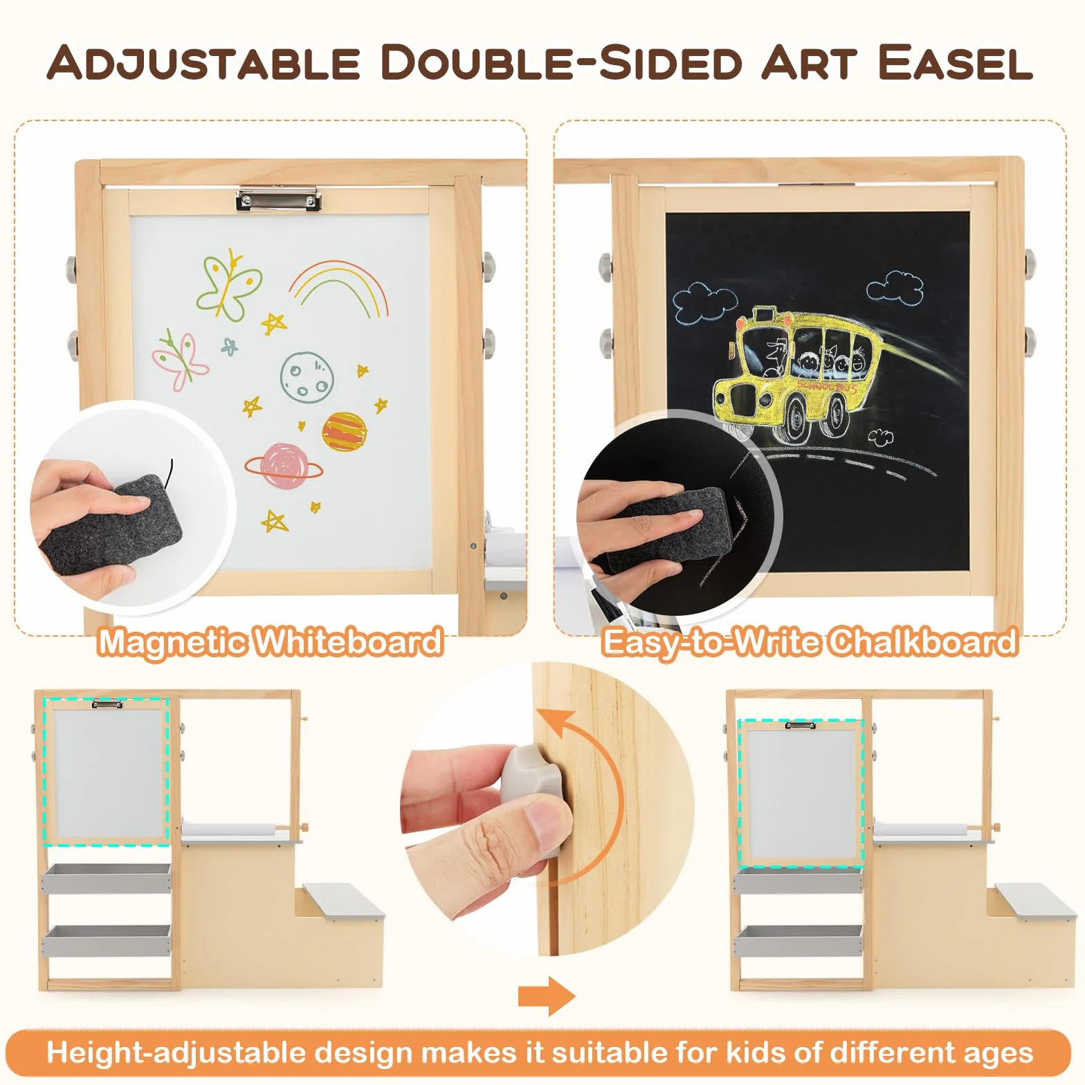 LIFEZEAL Mesa Infantil con Banco, Juego de Caballete con Pizarra de Doble Cara, Conjunto de Mesa y Silla para niños de 3+ años, Estante para Juguetes y Libros, Rollo de Papel y rotulador (Gris)