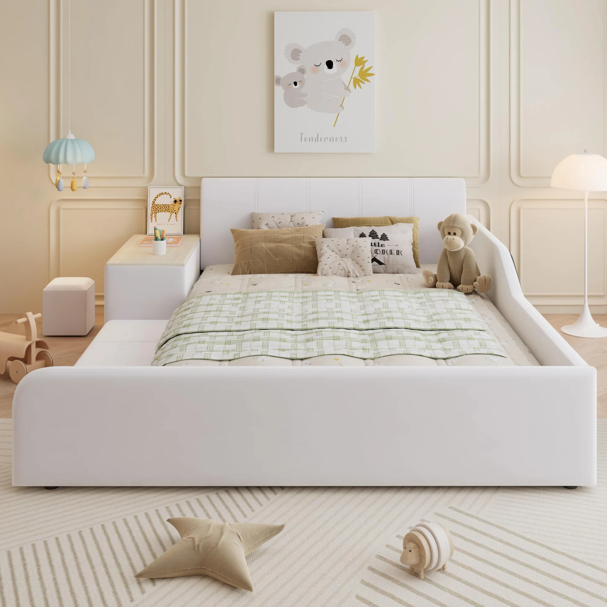 Cama tapizada con escritorio infantil y taburete, con estante, cabecero suave, cama infantil con listones de madera, terciopelo, blanco, 140 x 200 cm