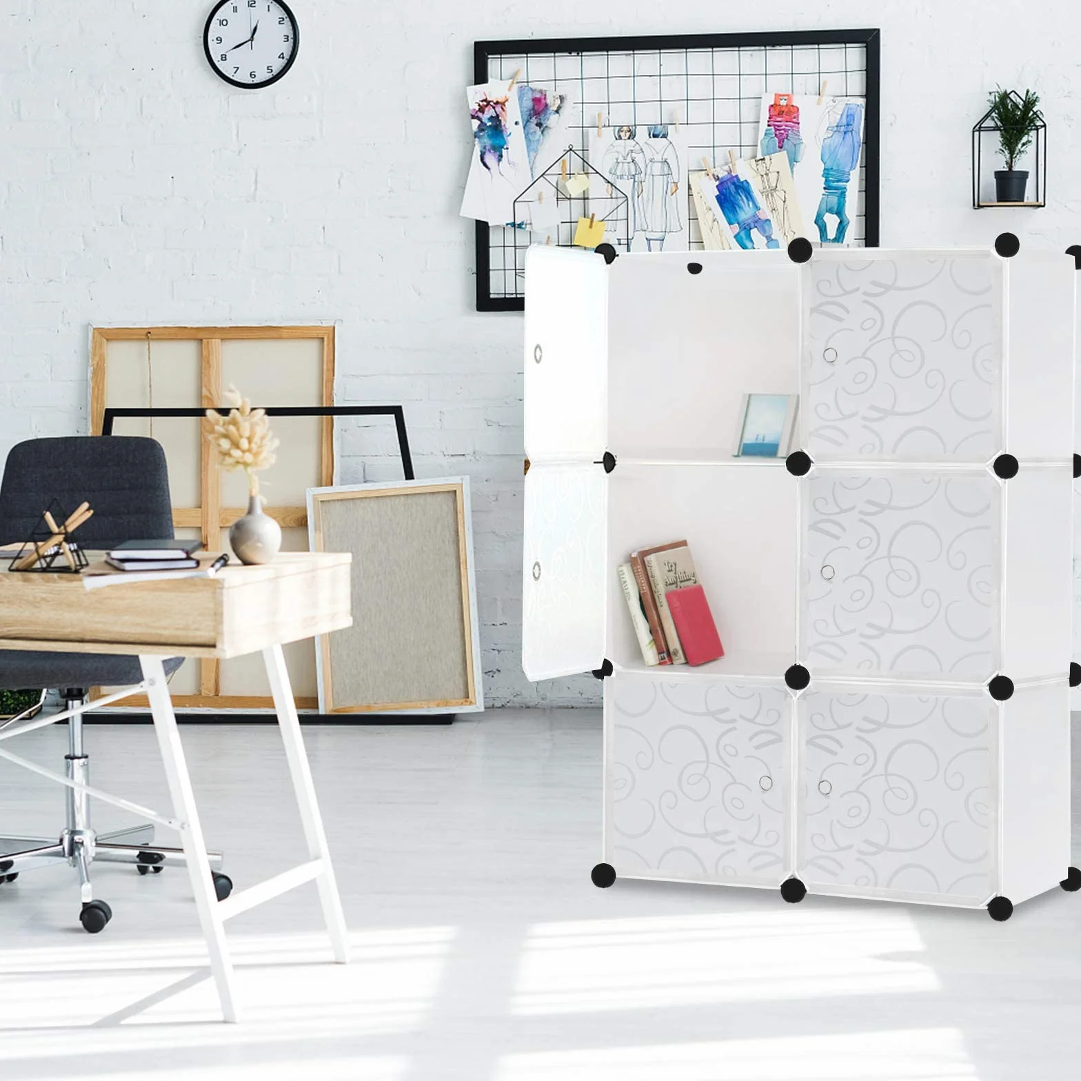 YUENFONG Sistema de estanterías para armario de 6 cubos PP, con puertas, para libros, ropa, juguetes, blanco