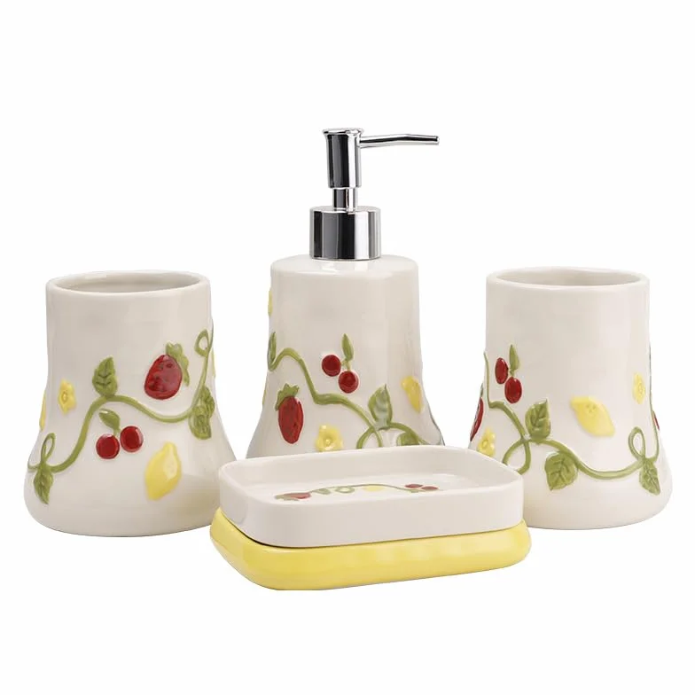 Juego de Accesorios de baño de cerámica de 4 Piezas con dispensador de jabón de Fresa, dispensador de jabón de Manos, Vaso, Soporte para Cepillo de Dientes y jabonera para decoración