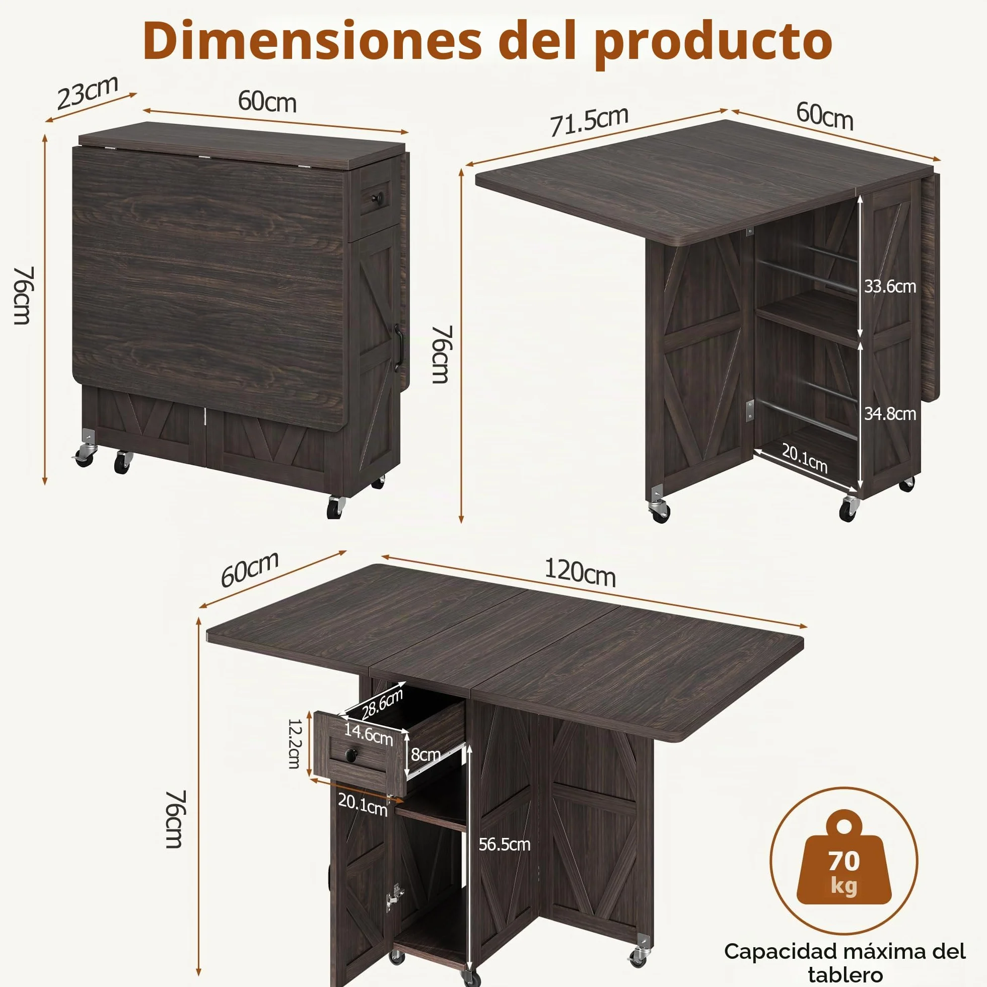 Jocoevol Mesa De Comedor Plegable con Ruedas, Mesa De Cocina con 1 Cajón Y 2 Áreas De Almacenamiento, Adecuada para 2-4 Personnas, para Espacios Pequeños, Comedor Y Cocina (Nogal Oscuro)