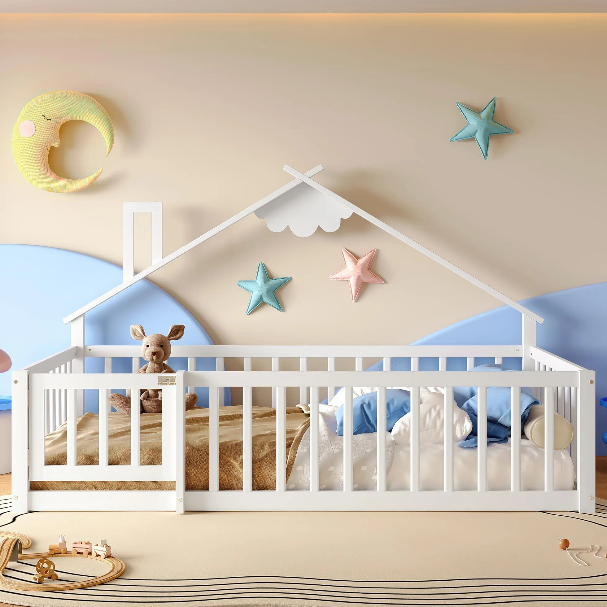 Cama de suelo de 90 x 190 cm con protección anticaída y puerta con cerradura, estructura de cama infantil, cama de madera de pino con somier, cama de madera, sin colchón