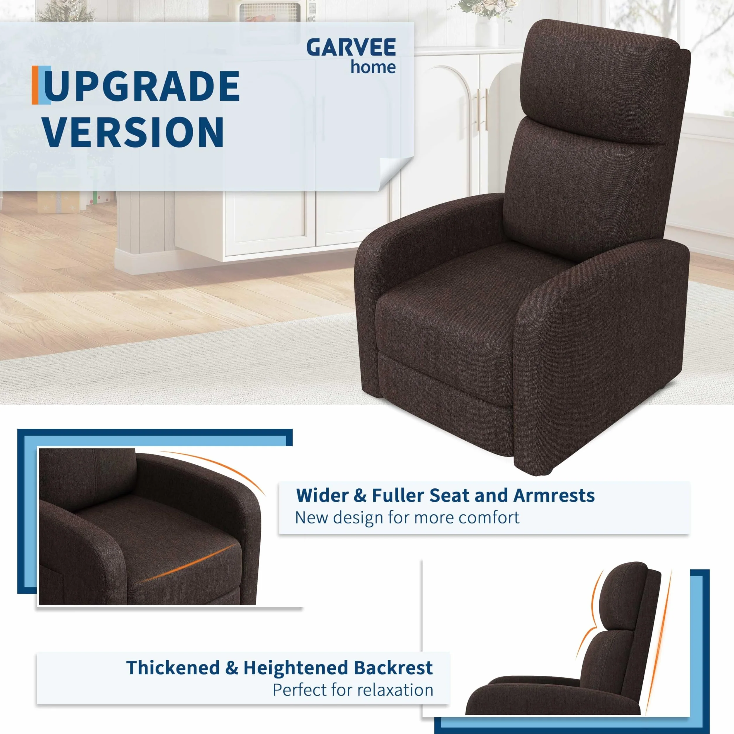 Sillón Relax Reclinable Compacto, Apertura Push Manual con Reposapiés, Posición Cero hasta 160º, Carga Máxima 136 kg, 49×72×101 cm, Marrón