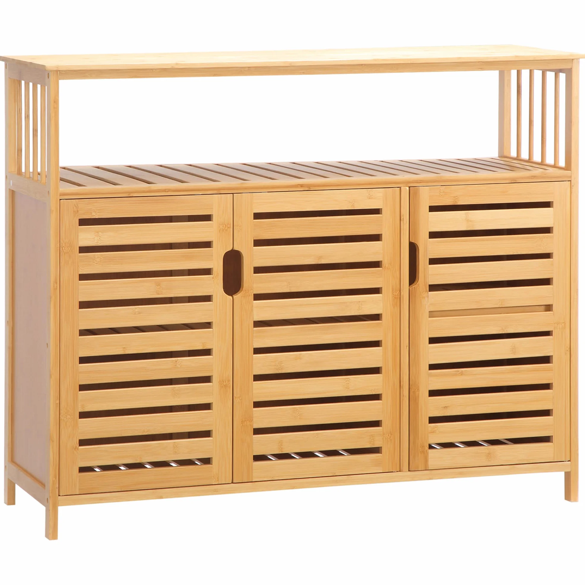 HOMCOM Aparador de 3 Puertas Ranuradas Aparador para Salón de Bambú con Estantes para Comedor Cocina Entrada Natural 100x35x82 cm