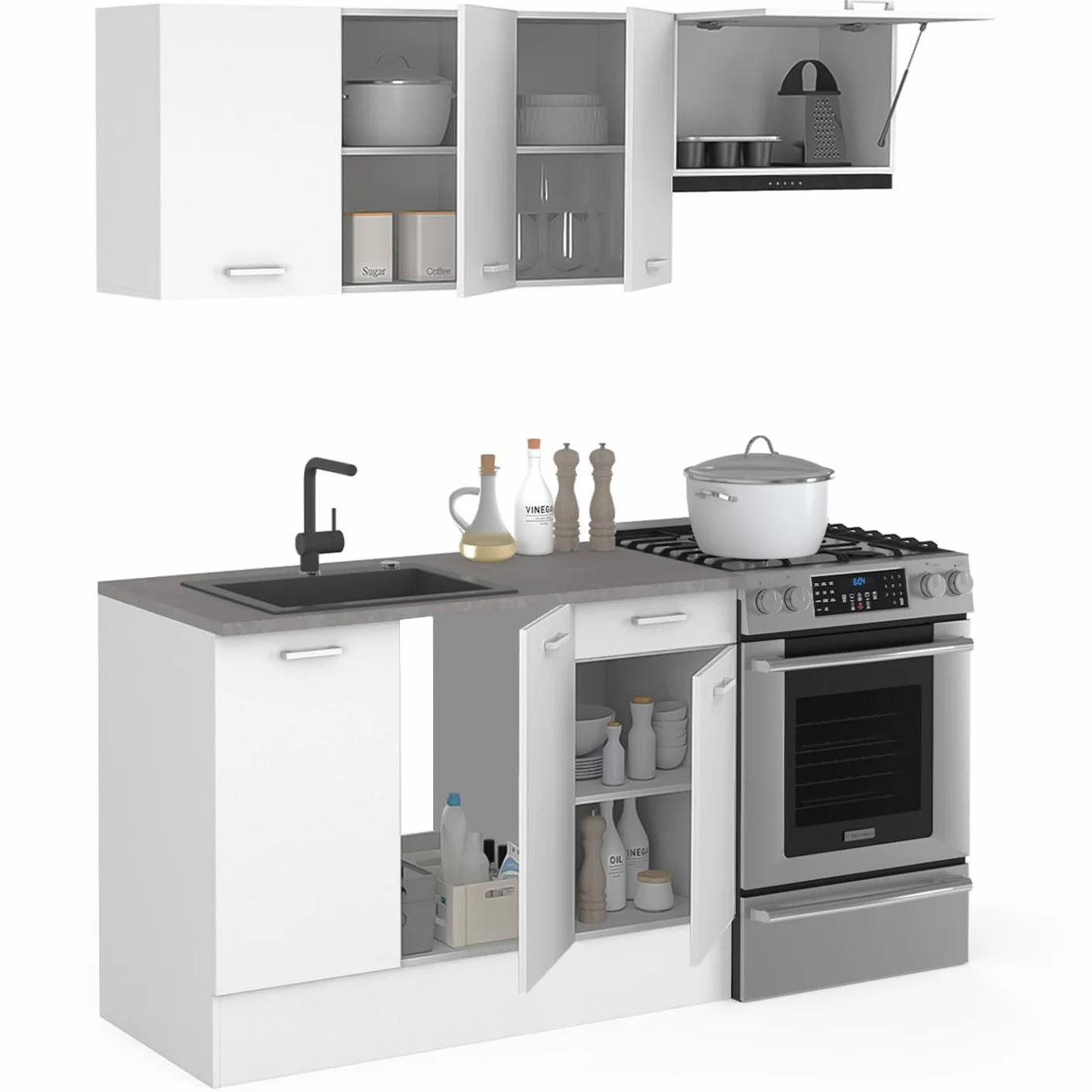 IDMarket - Cocina completa 180 cm sutil con encimera 5 elementos blanco y bandejas de hormigón