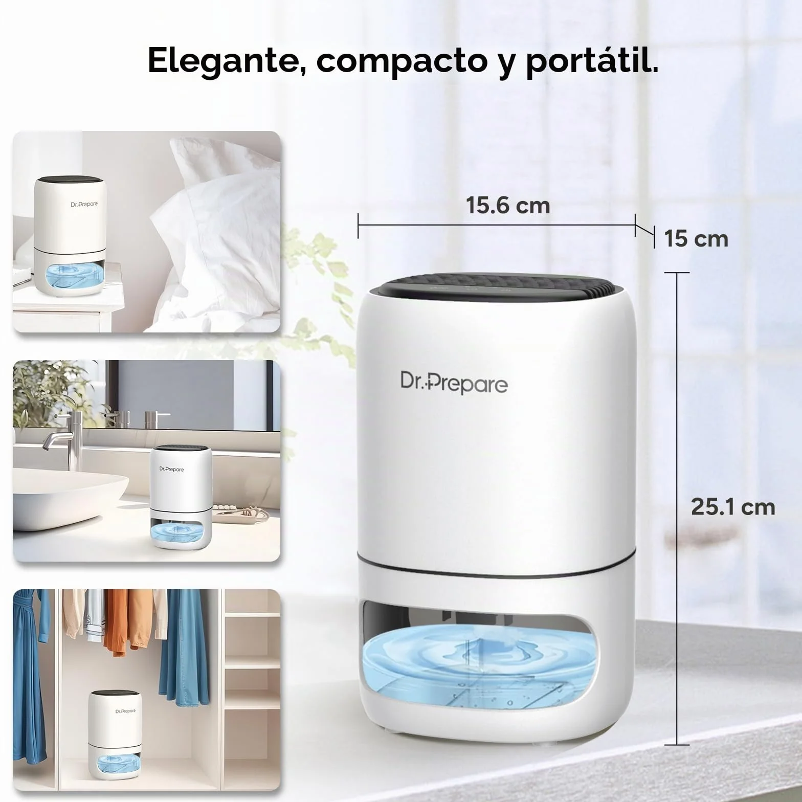 Dr.Prepare Deshumidificador 1L Silencioso Deshumidificador Portátil Pequeño con Luz LED Temporizador 2/4/8 H Apagado Automático para Dormitorio, Baño, Armario, Autocaravana