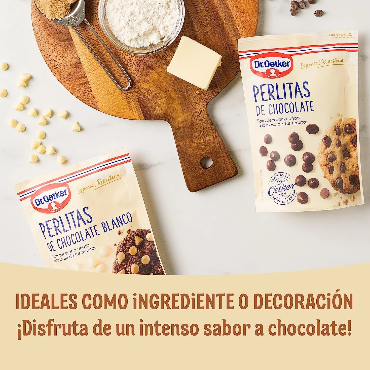 DR. OETKER Perlitas de chocolate negro 100 g, pepitas de cacao certificado, topping para repostería y pastelería, bolsa doypack con zip