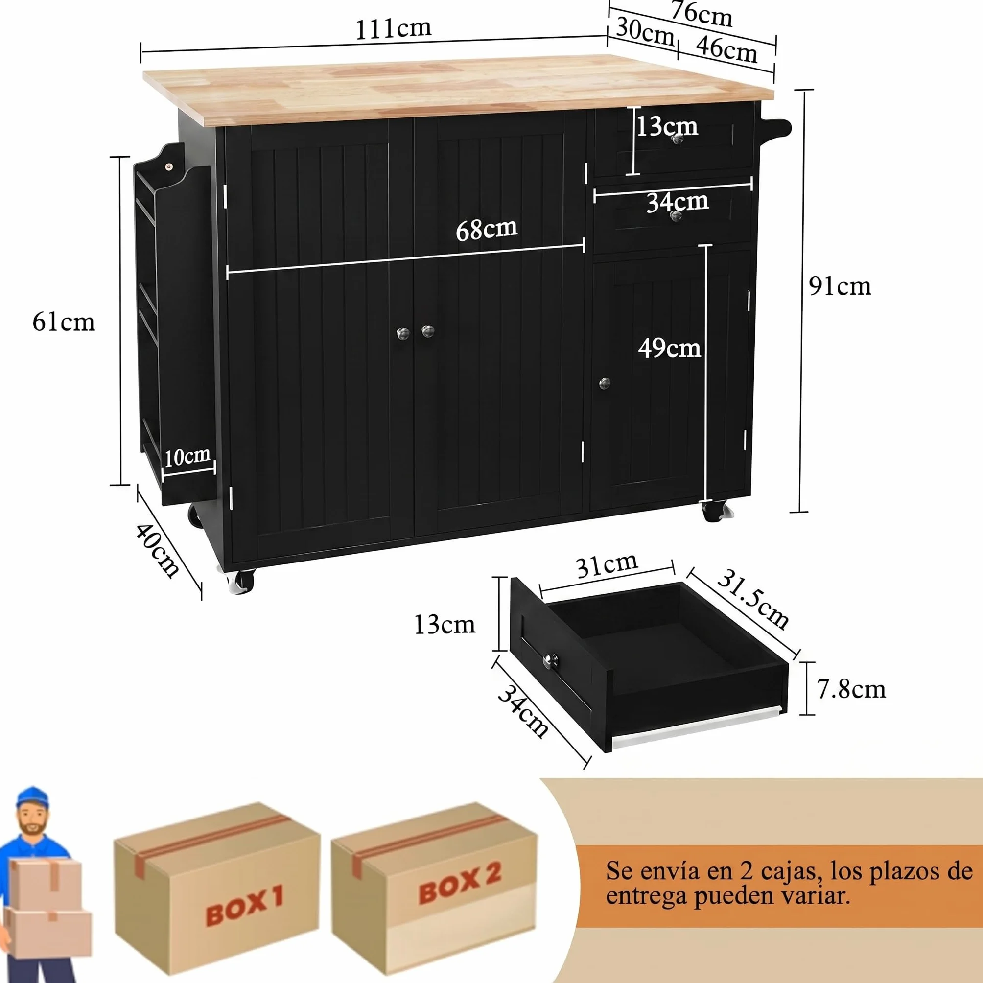 HOLTICO Isla de Cocina sobre Ruedas,Mueble de Cocina con Encimera Extensible de Caucho,3 Estantes Regulables y Especiero de 3 Niveles,para Comedor y Sala de Estar,128x46x91cm,Negro