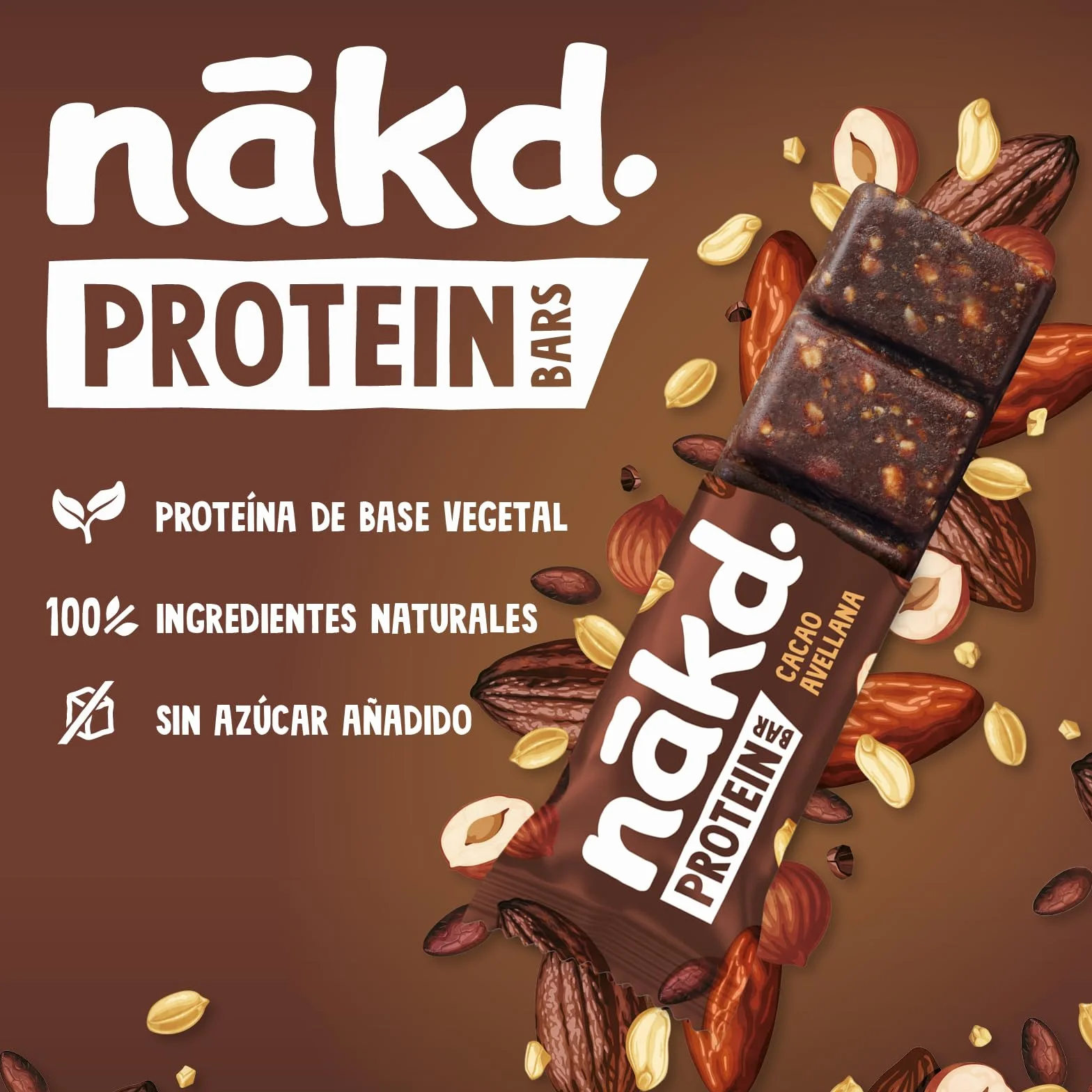 Nākd. Protein Cacao Avellana Barritas Proteícas 7g Proteína Vegetal 100% Natural Sin Azúcar Vegano 16 x 45g 720g