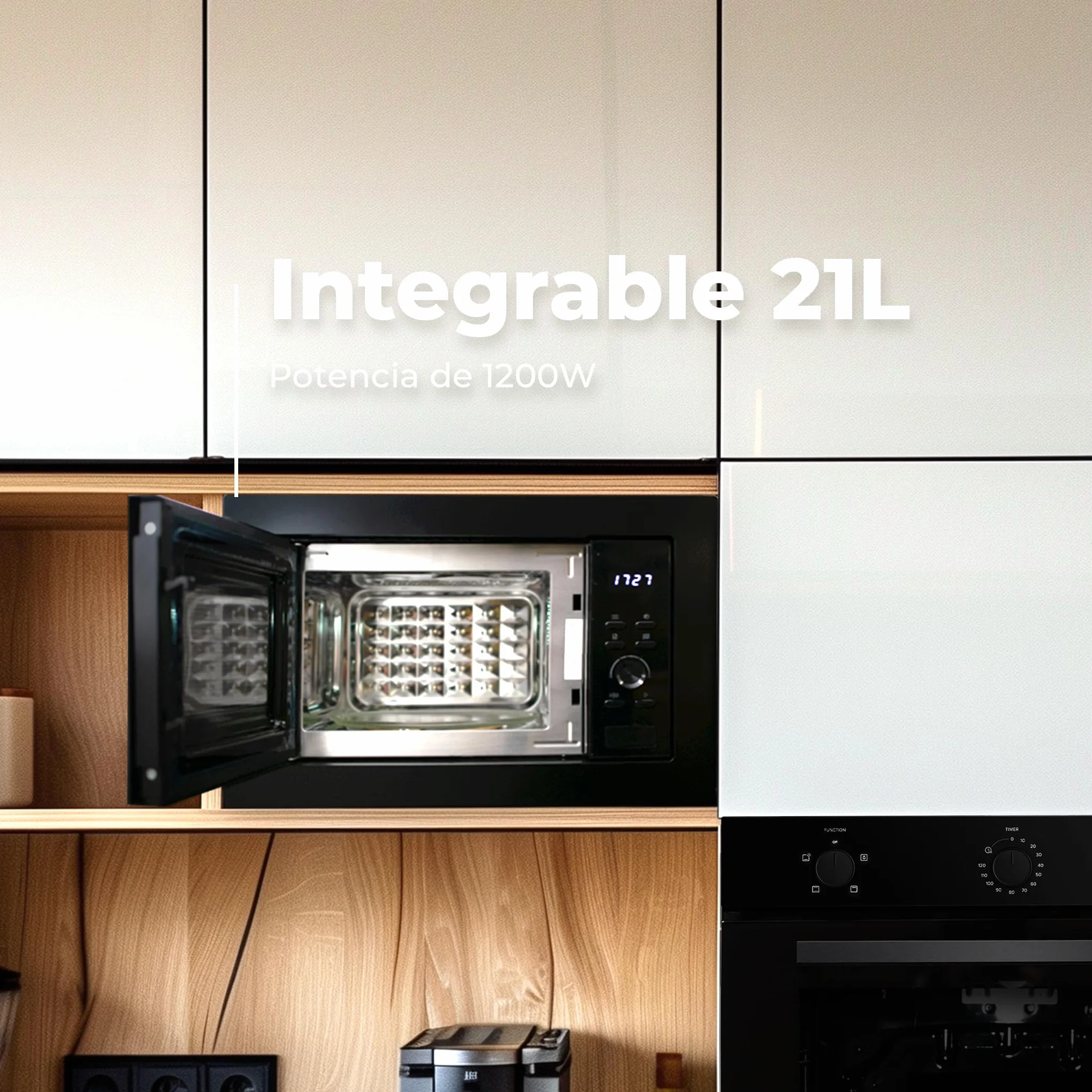 EVVO Microondas Integrable Mi30 Black - 21 Litros, Horno Microondas Función Grill, Display Digital, Bloqueo Infantil y Temporizador de 60 Minutos, Negro