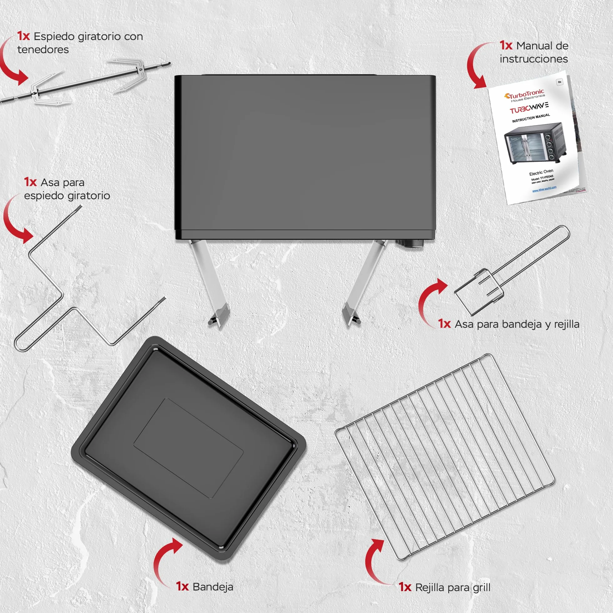 TurboTronic Mini horno con recirculación de aire 45L 2000W negro pincho giratorio temporizador