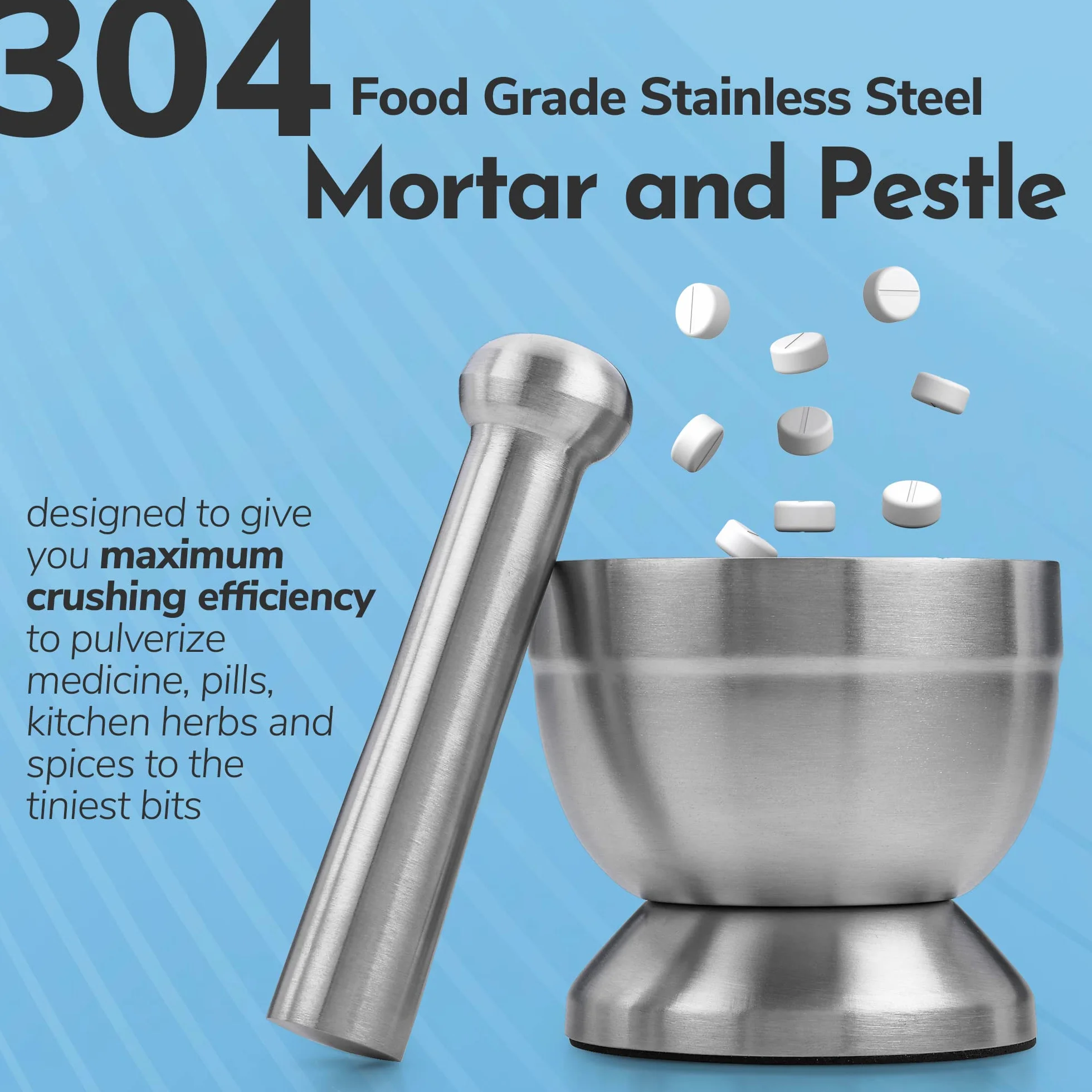 Trituradora de píldoras: conjunto de molienda de mortero y mortero de acero inoxidable 304 de grado alimenticio - para adultos, perros, mascotas