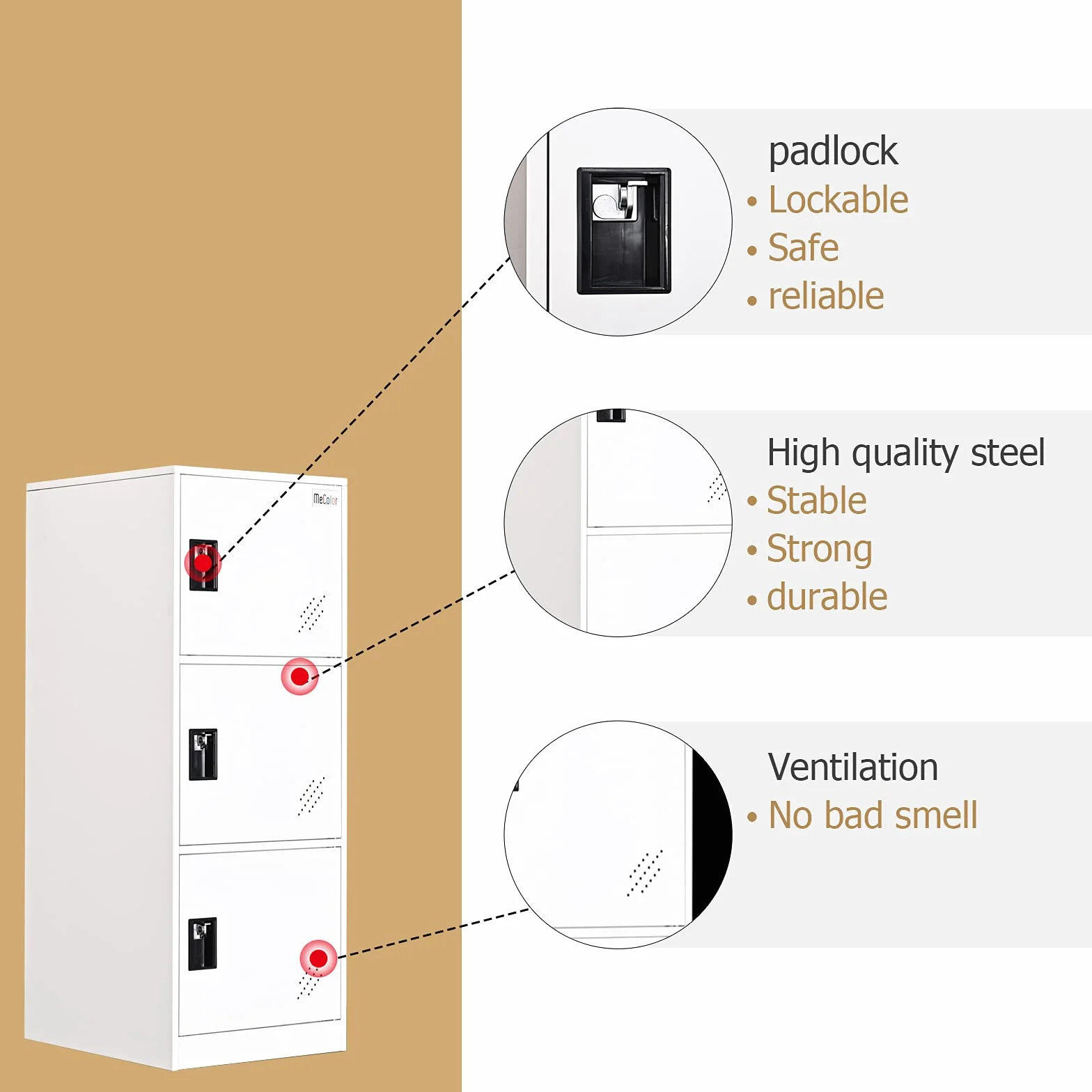 MECOLOR Armadietto verticale con Chiusura a lucchetto 3 vani portaoggetti Bianco P3V