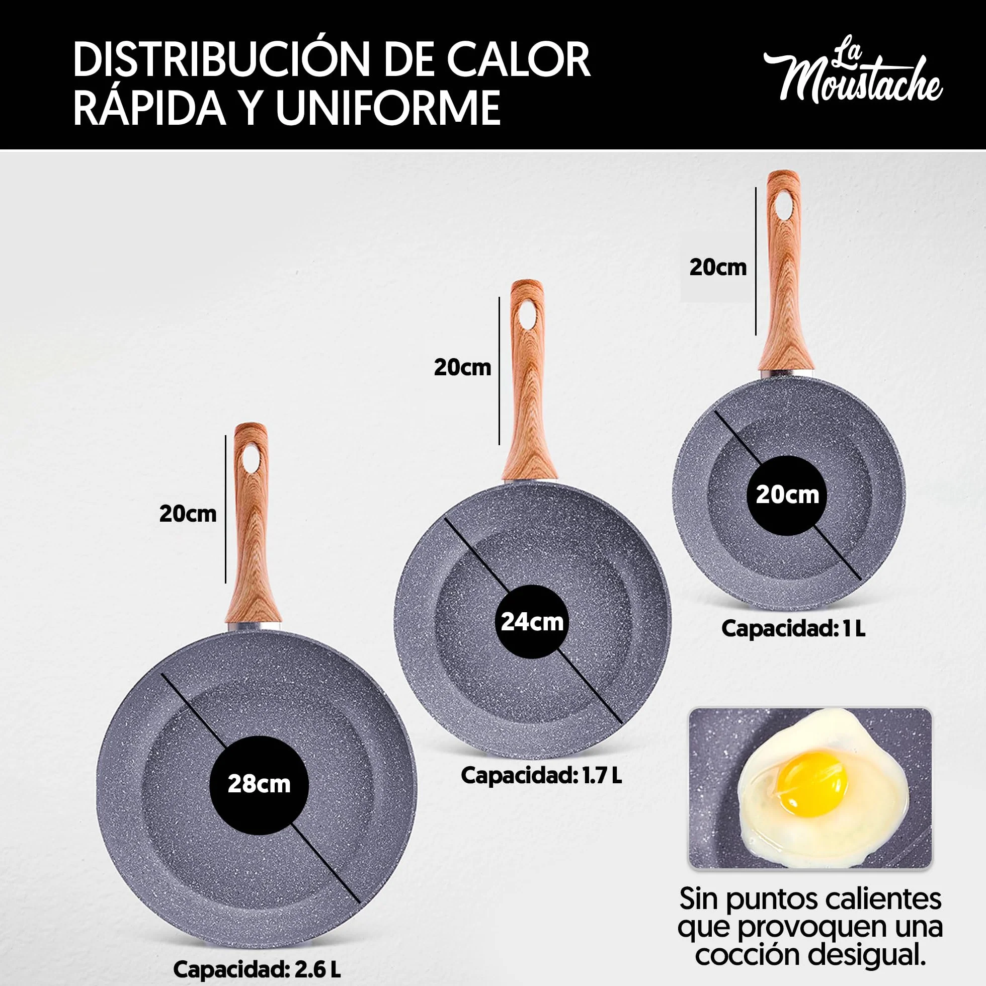 La Moustache Set de Sartenes 20/24/28 cm Antiadherente Apto para Inducción Batería de Cocina Profesional Aluminio