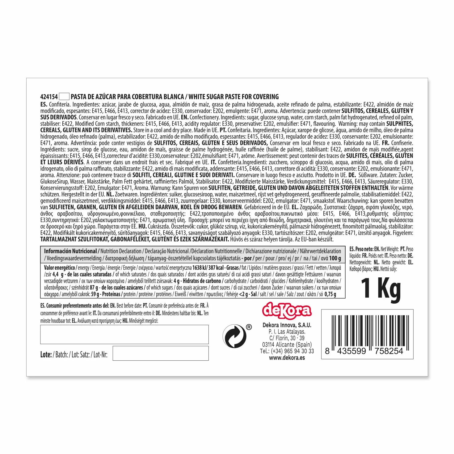 Dekora Pasta de Azúcar Fondant Blanco 1 kg para Tartas y Bizcochos