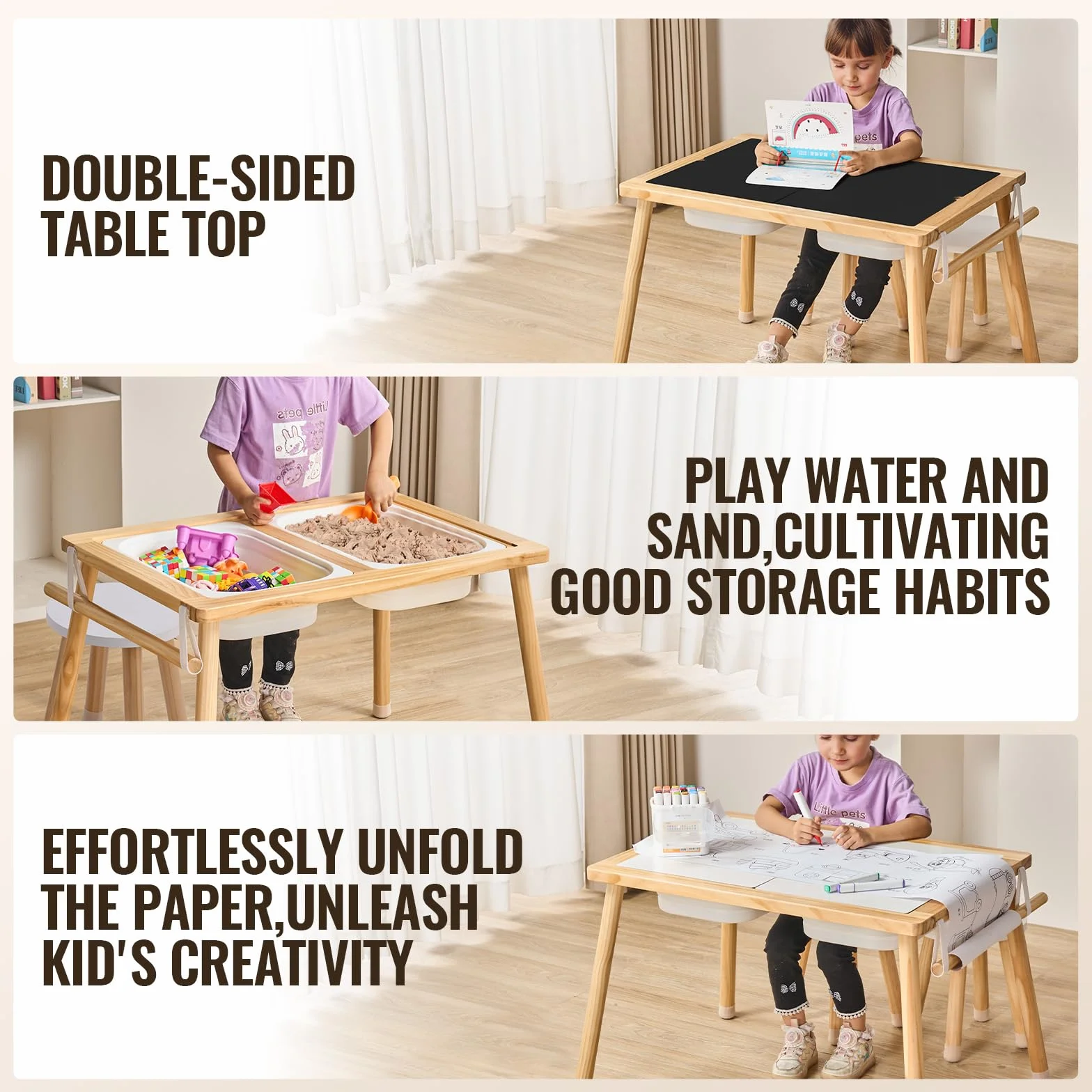 VEVOR Mesa Sensorial para Niños con 2 Taburetes, Contenedores y Soporte para Rollos de Papel, Juego de Agua y Arena