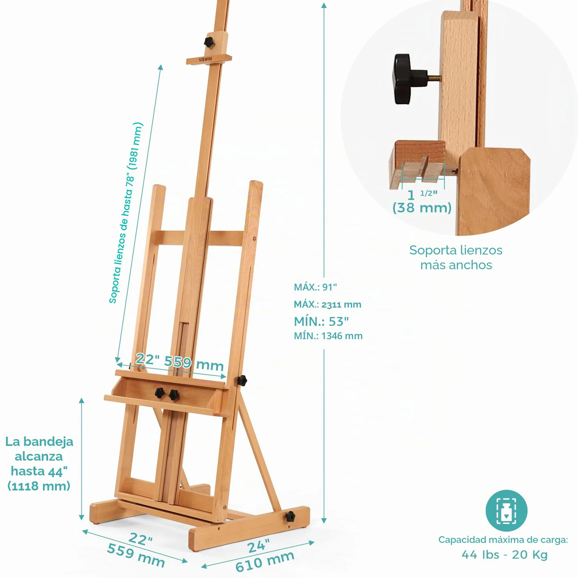 VISWIN Caballete Pintura en H Grande, Caballete Pintar Profesional Ajustable de Madera de Haya con Bandeja 135-231cm, Caballete Estable de Estudio para Adultos, Artistas, Pintor, Estudiantes