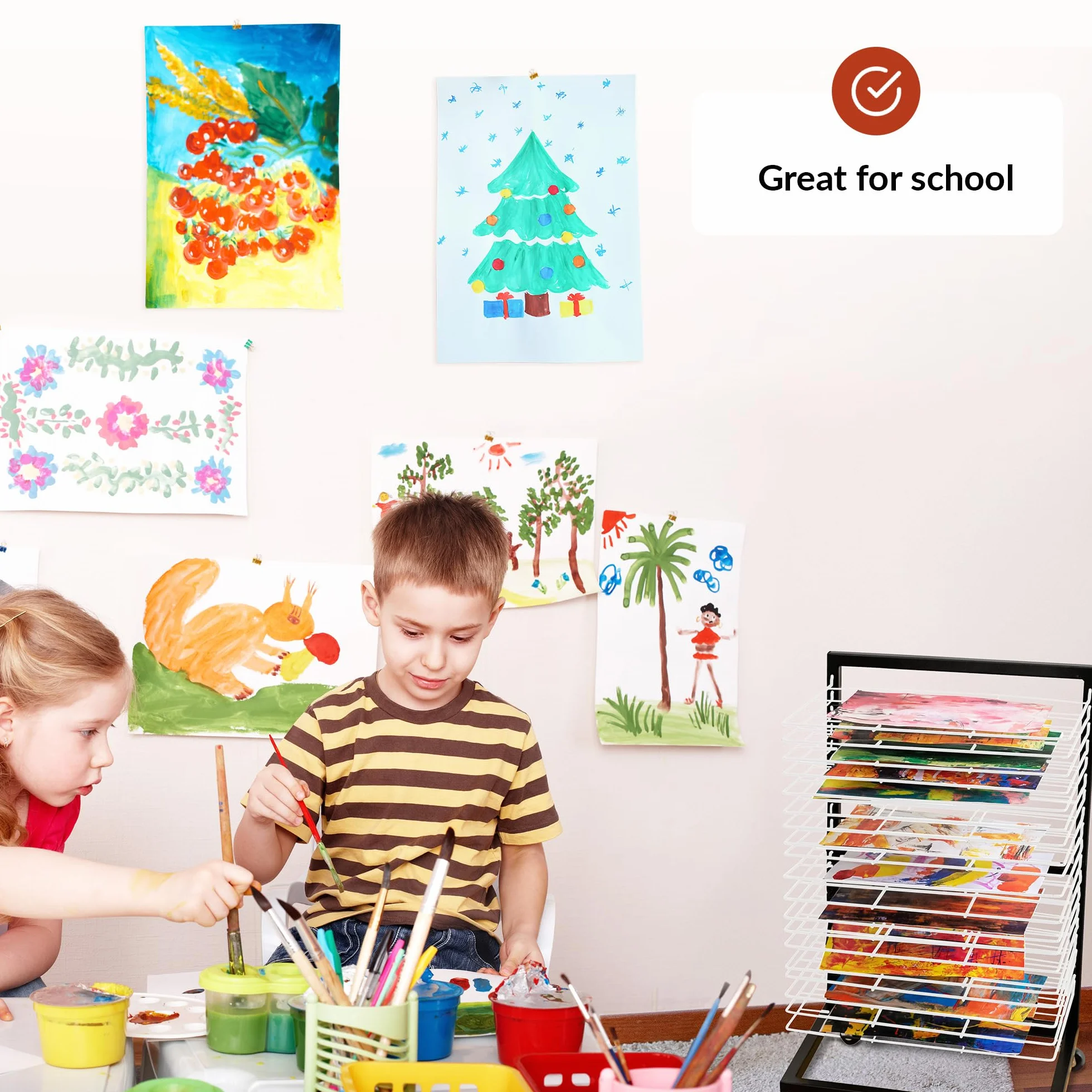 ODOXIA Estante De Secado De Arte Pequeño para Aulas | Estante de Secado de Pintura Portátil y Funcional | 19 Bandejas Extraíbles | Soporte para Lienzos | con Ruedas Art Drying Rack White (Small)