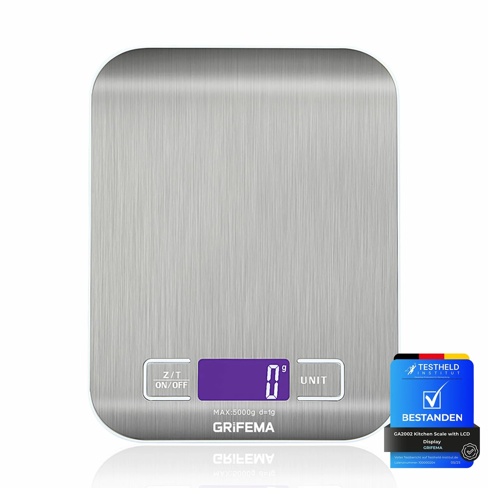 GRIFEMA GA2002 Báscula de Cocina Acero Inoxidable Balanza de Alimentos 5 kg 11 lbs Pantalla LCD Azul
