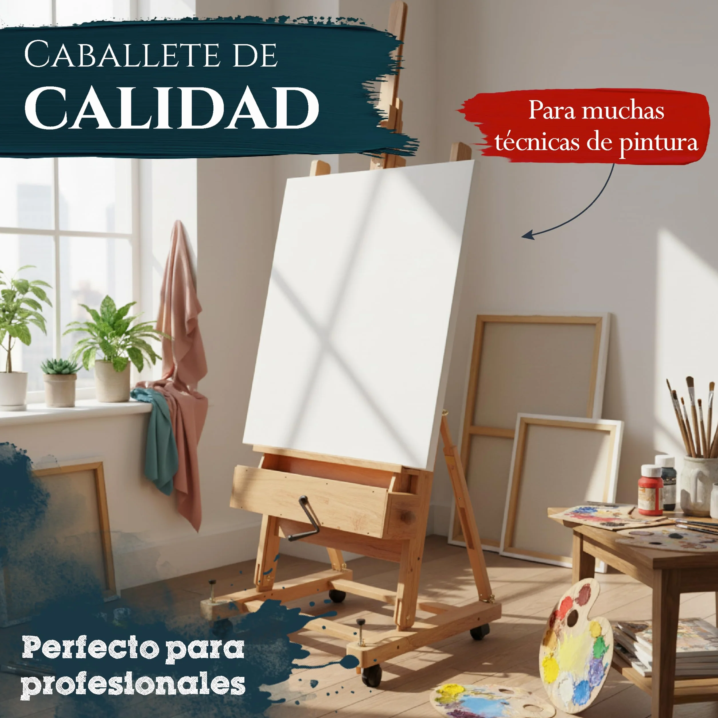 Artina Caballete de Pintura Profesional de Estudio con Ruedas Pisa - Caballete Profesional Madera Maciza de Haya - para Lienzos hasta 210cm de Altura con Cajones para Todos Sus Utensilios de Pintura