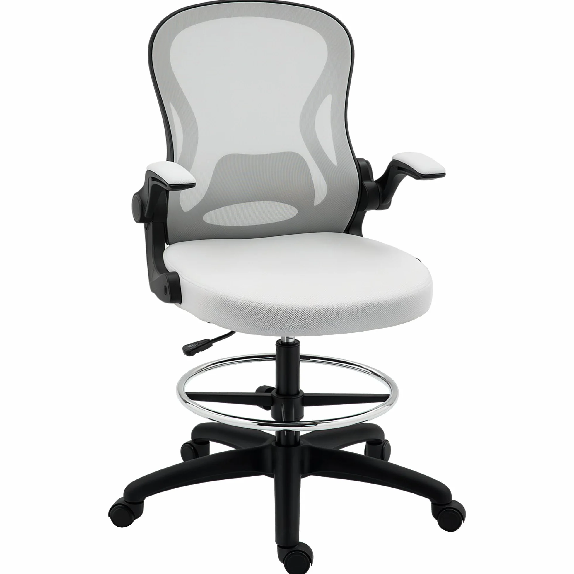 Vinsetto Silla de Dibujo Giratoria Silla de Escritorio Alta con Respaldo Medio Soporte Lumbar Reposabrazos Abatibles Altura Ajustable Carga 120 kg 59x65x102-122 cm Gris Claro