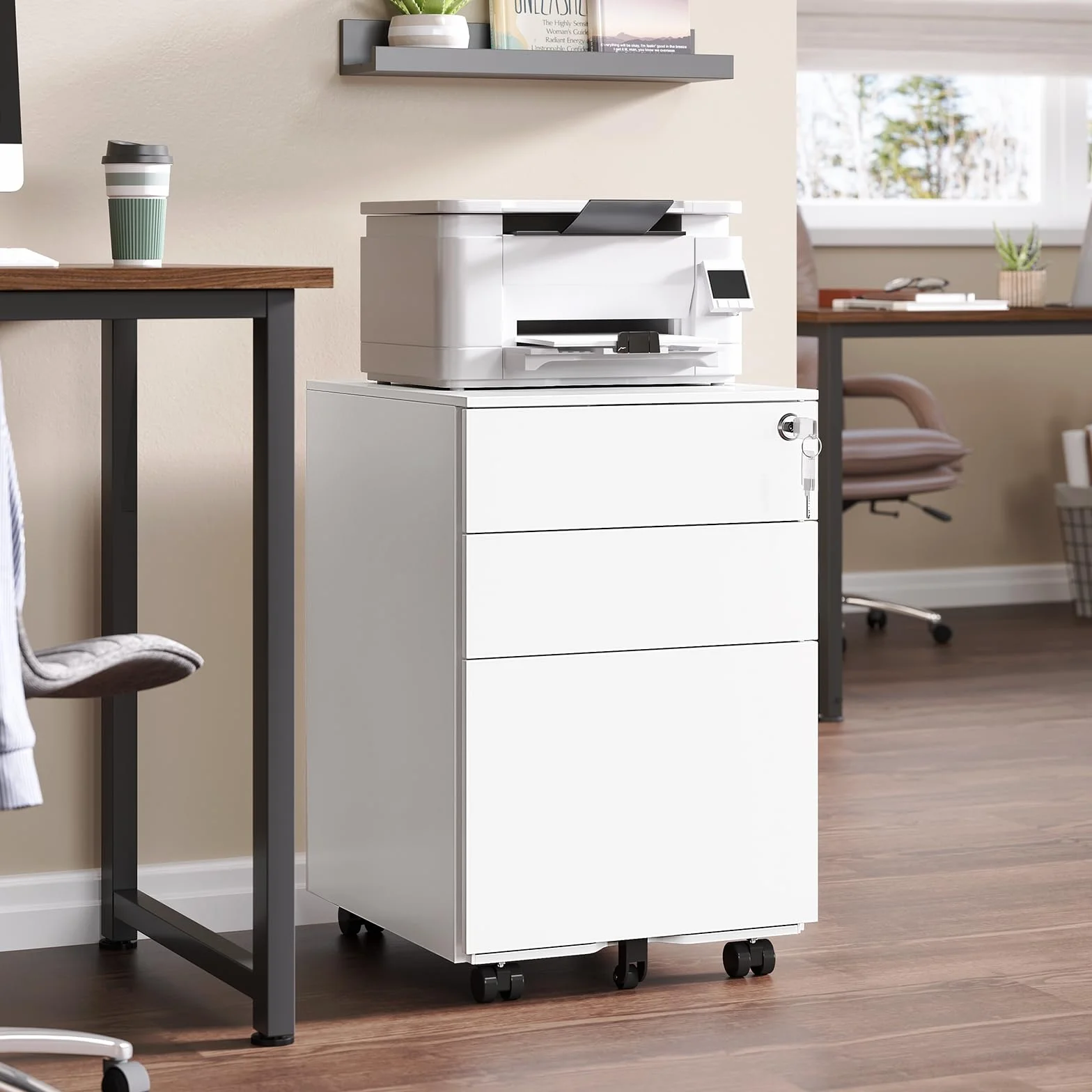 KIMENICH Cajonera Oficina Armario archivador con Ruedas para Debajo del Escritorio, con 3 cajones, 5 Ruedas, premontado, con Cerradura, Armario de Metal con archivador, para Archivos,Mueble Impresora