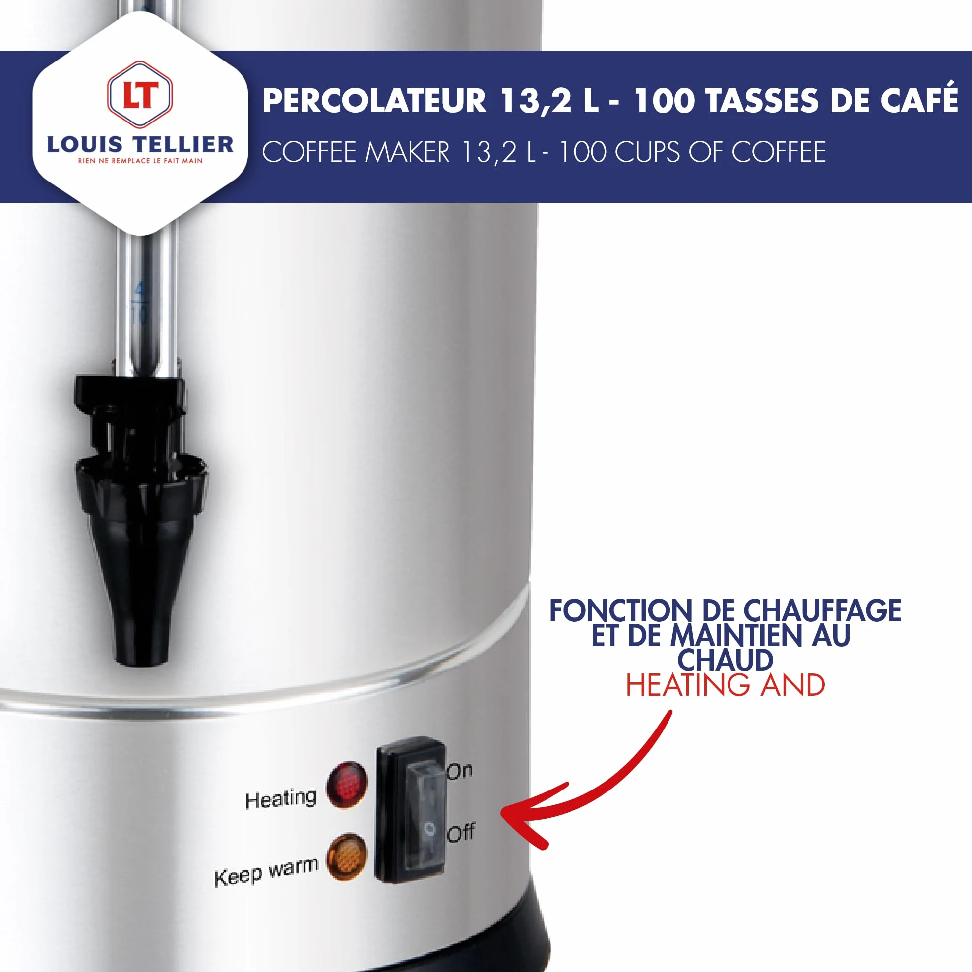 Louis Tellier Percolador de Café Profesional 13,2 L 100 Tazas Acero Inoxidable Grifo de Goteo