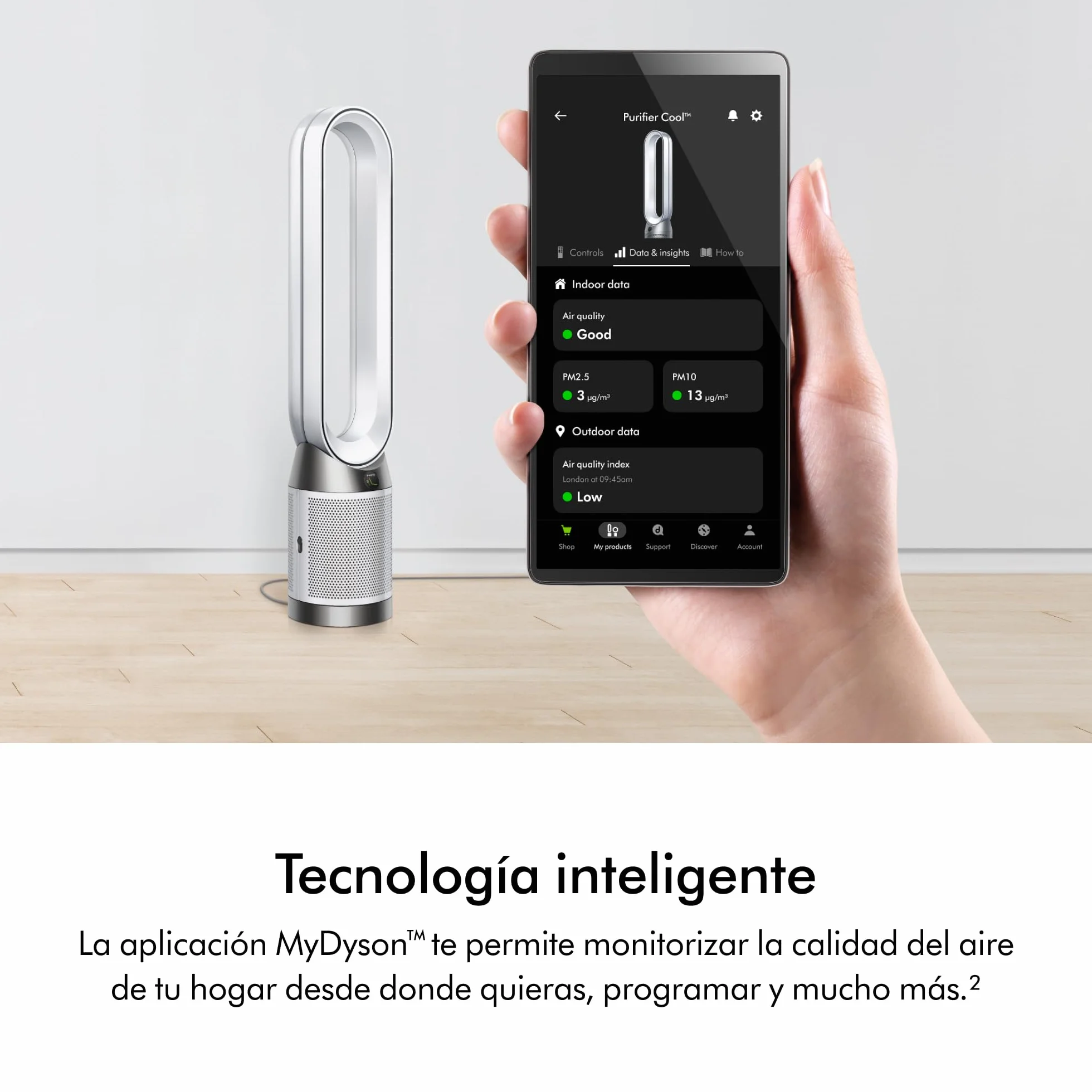 Dyson Purifier Cool™ PC1 Ventilador de Torre y Purificador de Aire, Filtro HEPA H13, Refrigeración Potente, Control por App y Mando, Sin Aspas, Oscilación 350°, Blanco