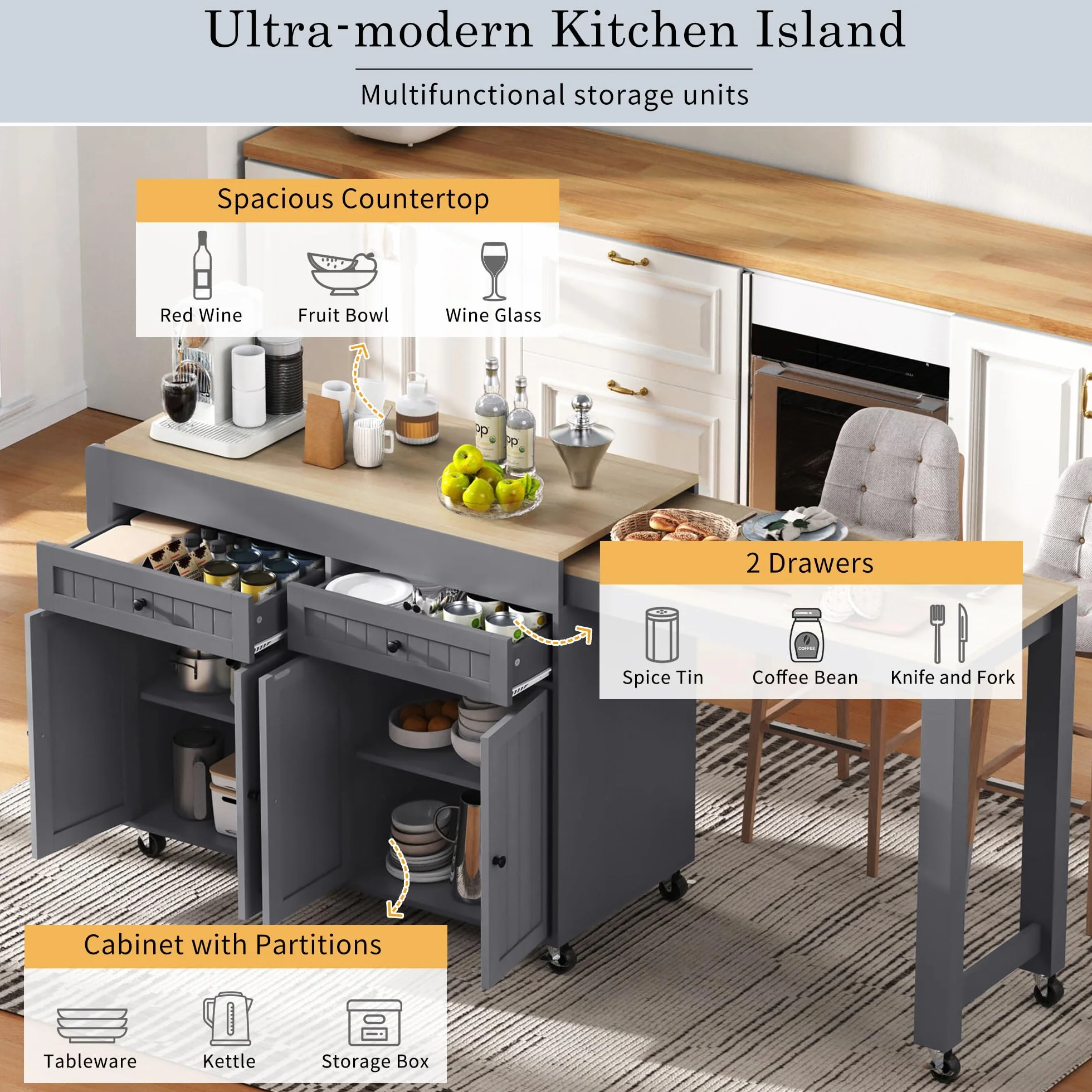 LAKFEW Mesa de Bar Isla Cocina con 7 Ruedas y Encimera Extensible, Mesa Cocina Extensible con 4 Puertas y 2 Cajones, Barra Bar Mueble Auxiliar, 112(180.5) x45x92.2 cm, Gris+Natural